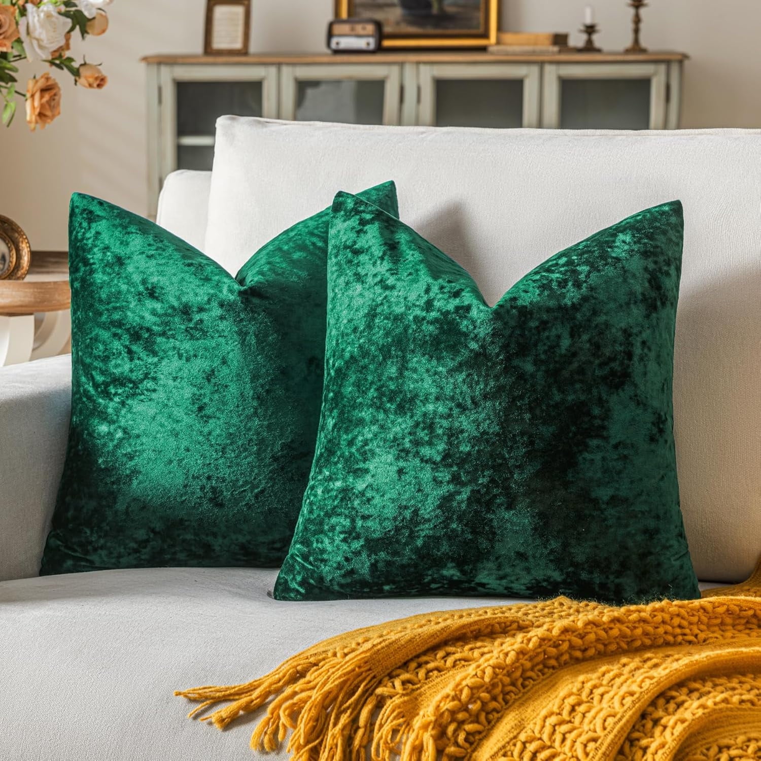 COOKCOK Set of 2 Blue Gray Decorative Velvet Throw Pillow Covers 18x18 Inches, Soft Neutral Accent Pillow Cases with Vintage Textured Farmhouse Couch Cushion Covers for Luxurious Home Decor