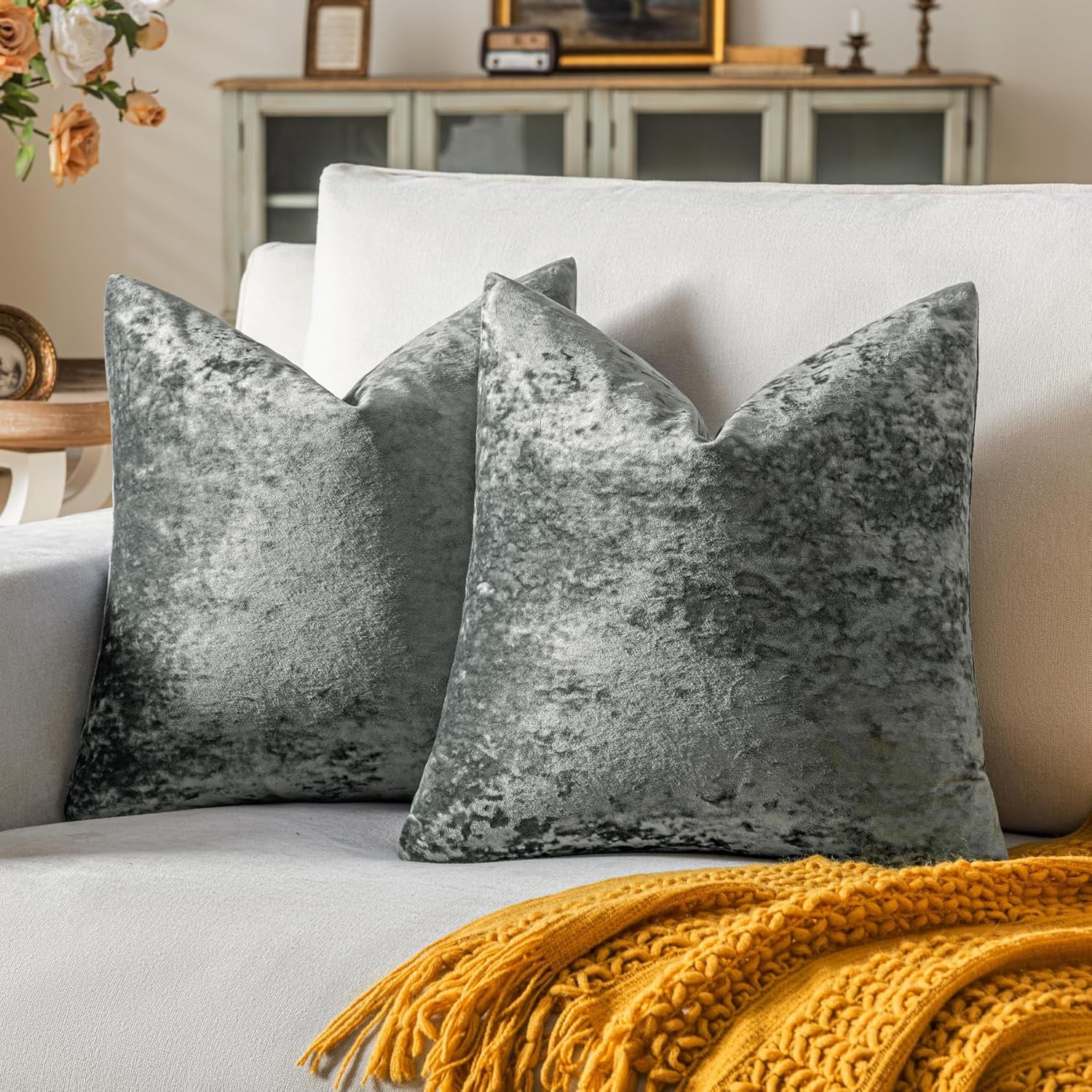 COOKCOK Set of 2 Blue Gray Decorative Velvet Throw Pillow Covers 18x18 Inches, Soft Neutral Accent Pillow Cases with Vintage Textured Farmhouse Couch Cushion Covers for Luxurious Home Decor
