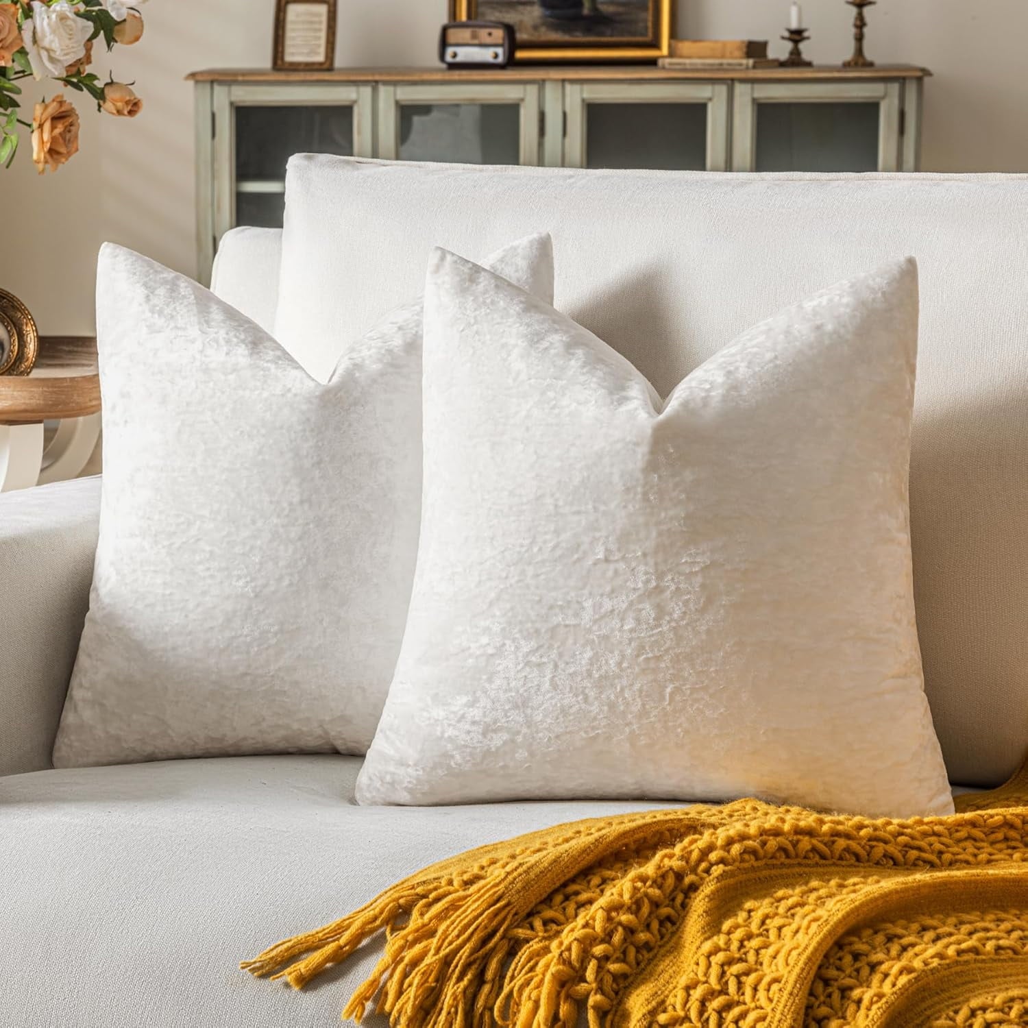 COOKCOK Set of 2 Blue Gray Decorative Velvet Throw Pillow Covers 18x18 Inches, Soft Neutral Accent Pillow Cases with Vintage Textured Farmhouse Couch Cushion Covers for Luxurious Home Decor