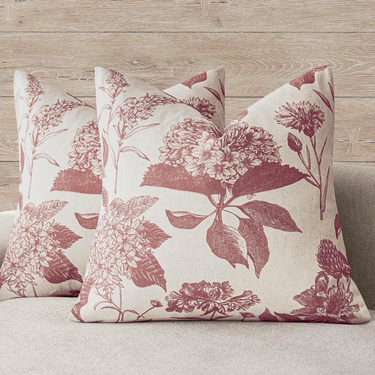 COOKCOK Set of 2 Linen Floral Vintage Throw Pillow Covers Neutral Accent Print Decorative Cushion Covers Farmhouse Home Decor for Sofa Chair Couch Bedroom Living Room Outdoor, 18"x18", Light Brown