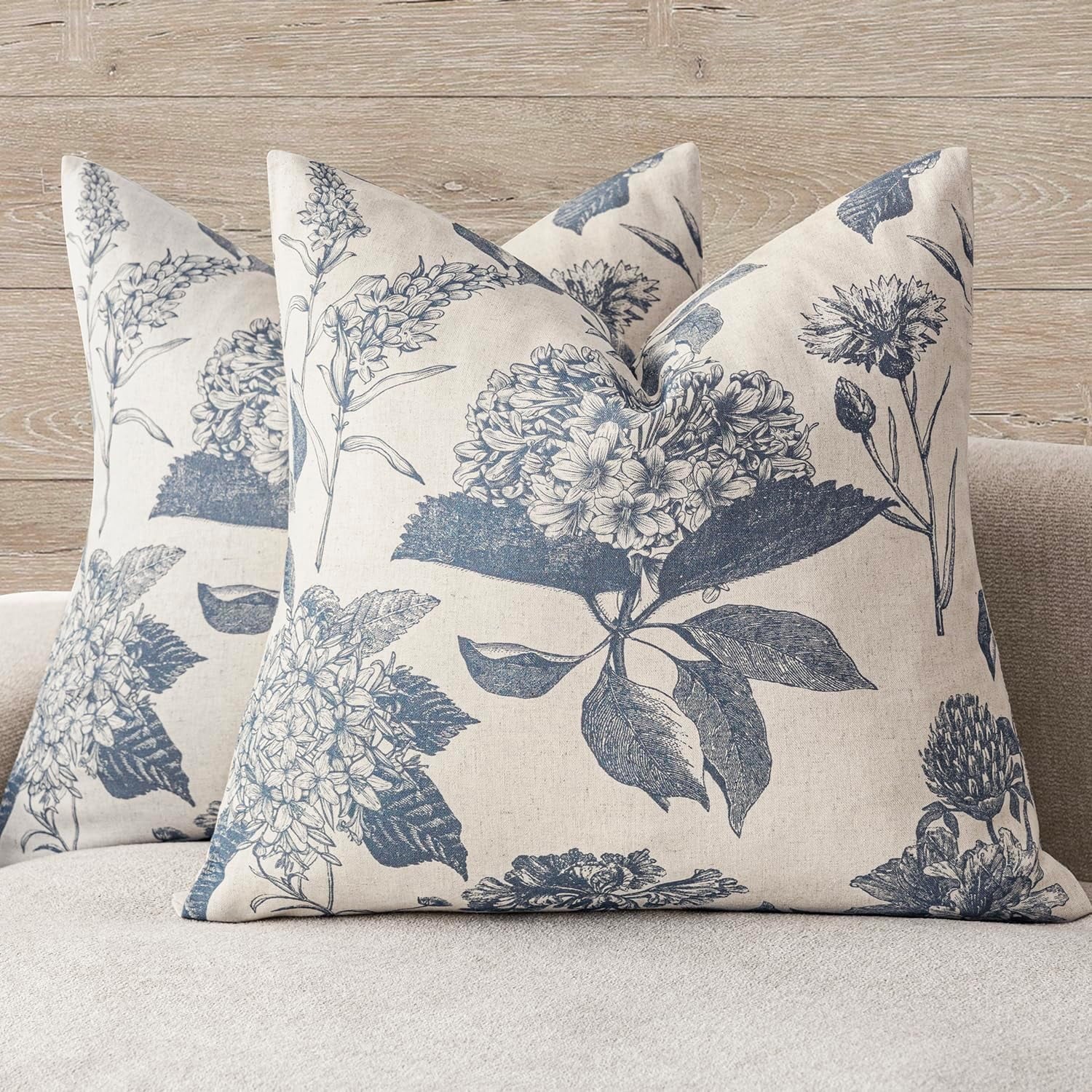 COOKCOK Set of 2 Linen Floral Vintage Throw Pillow Covers Neutral Accent Print Decorative Cushion Covers Farmhouse Home Decor for Sofa Chair Couch Bedroom Living Room Outdoor, 18"x18", Light Brown