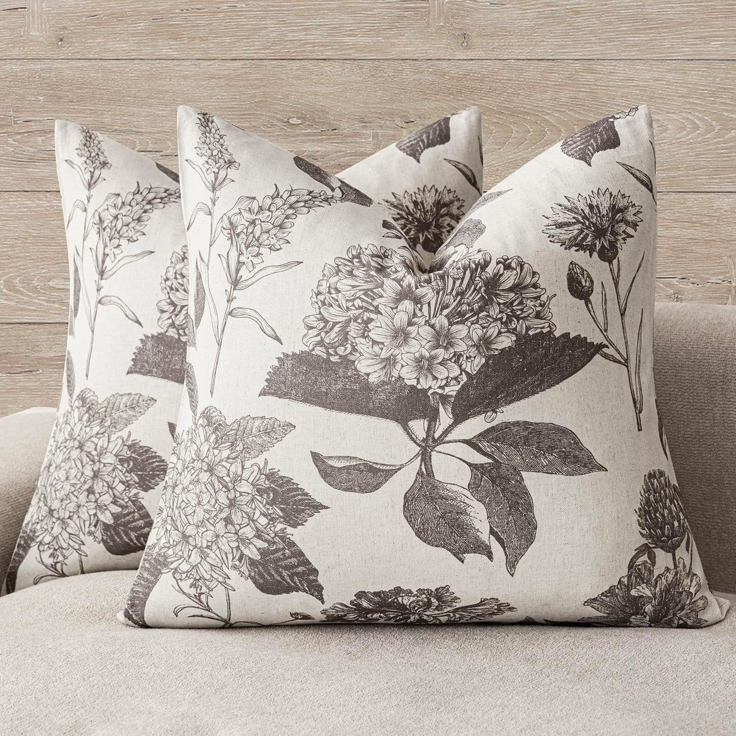 COOKCOK Set of 2 Linen Floral Vintage Throw Pillow Covers Neutral Accent Print Decorative Cushion Covers Farmhouse Home Decor for Sofa Chair Couch Bedroom Living Room Outdoor, 18"x18", Light Brown