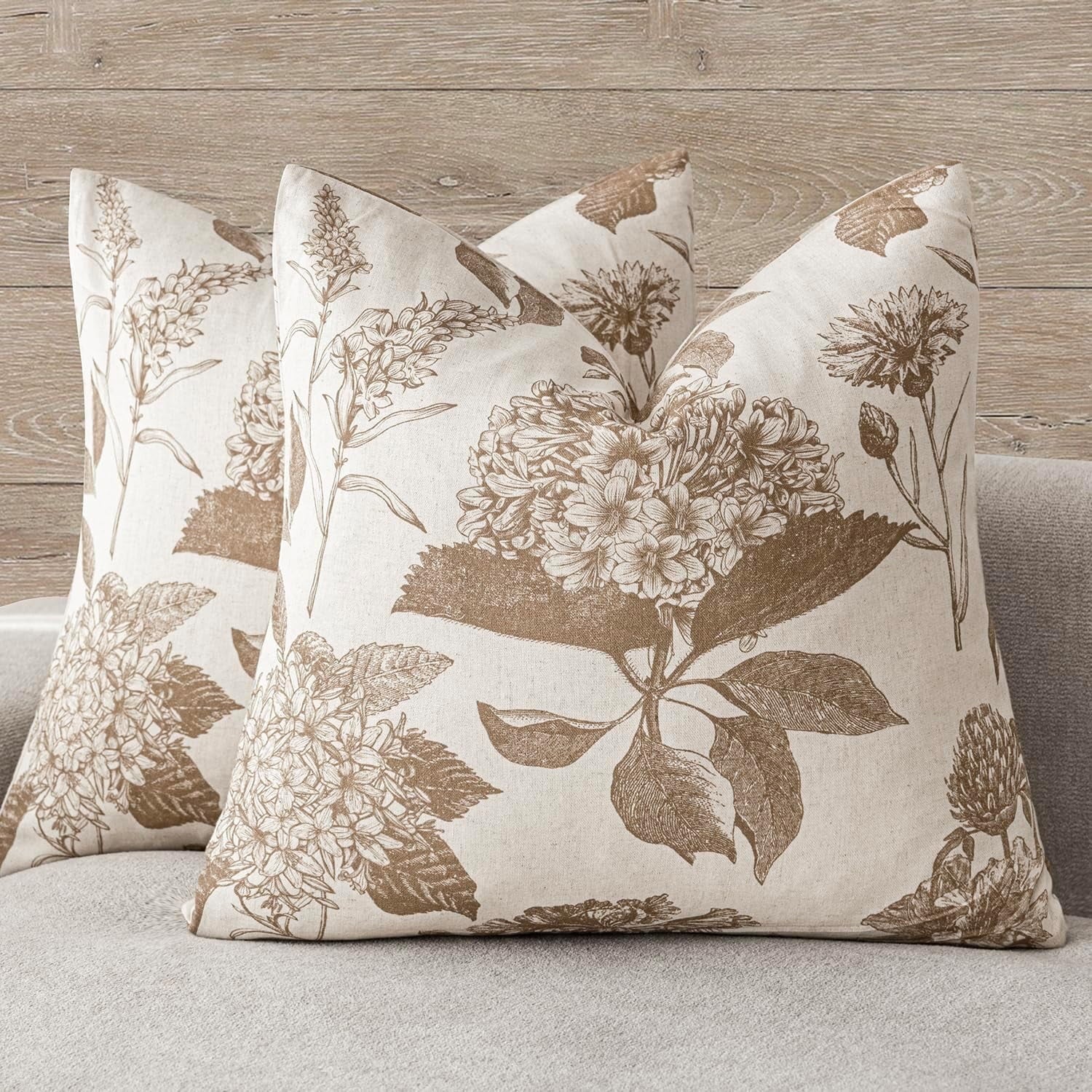 COOKCOK Set of 2 Linen Floral Vintage Throw Pillow Covers Neutral Accent Print Decorative Cushion Covers Farmhouse Home Decor for Sofa Chair Couch Bedroom Living Room Outdoor, 18"x18", Light Brown