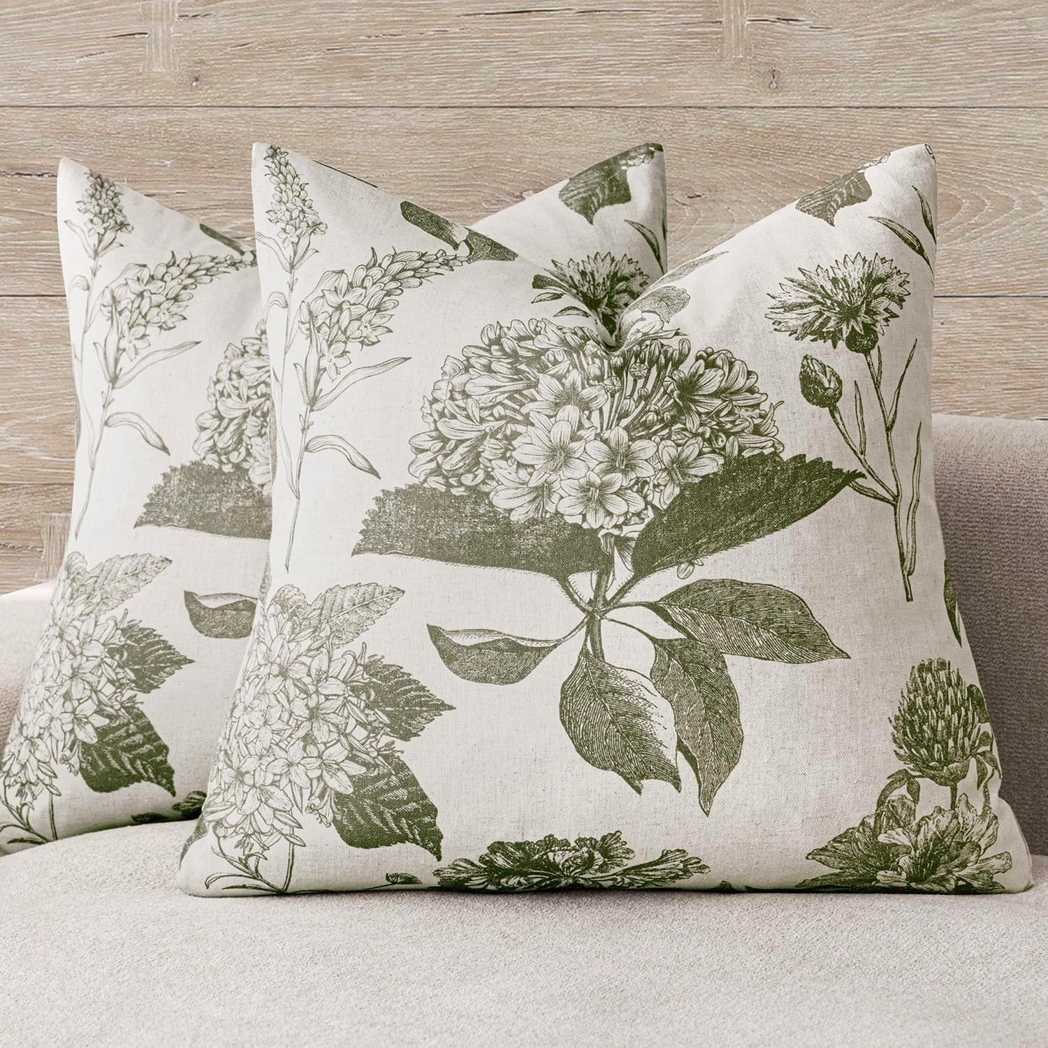COOKCOK Set of 2 Linen Floral Vintage Throw Pillow Covers Neutral Accent Print Decorative Cushion Covers Farmhouse Home Decor for Sofa Chair Couch Bedroom Living Room Outdoor, 18"x18", Light Brown