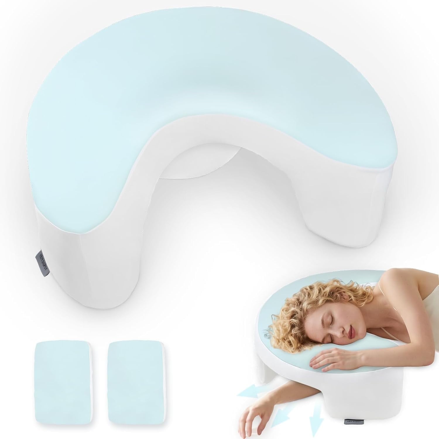 COOKCOK Side Sleeper Pillow with Arm Hole, 2PCS Pillowcase, Ergonomic Cooling Arm Pillow for Adults, Cervical, Neck, Shoulder, Rotator& Cuff, Ideal for Side Sleepers-Blue