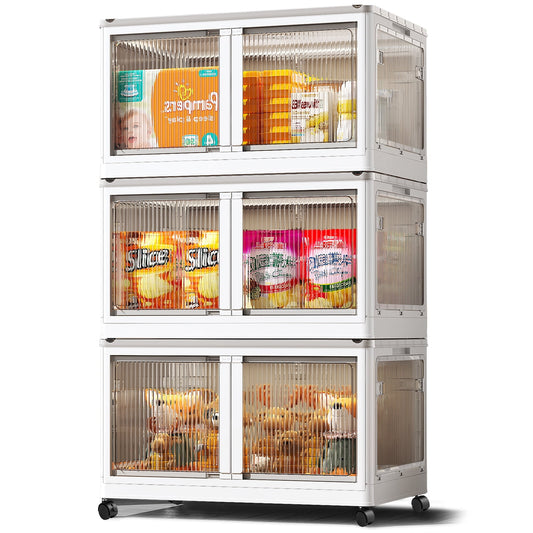 COOKCOK Storage Bins with Lids, Foldable Plastic Storage Container with Door, 3 Pack Stackable Collapsible Storage Bins for Closet Organizers and Storage, Secure Lock, 23.6"x 16.5"x 39.6"