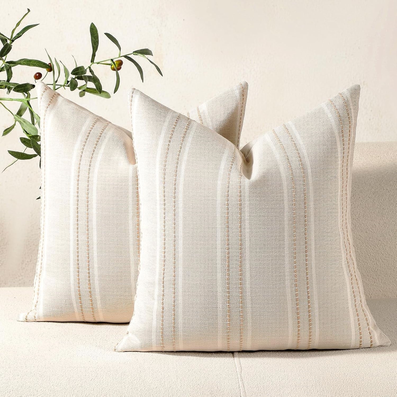 COOKCOK Throw Pillow Covers 20x20 Set of 2 Striped Pillow Covers Textured Linen Decorative Pillows Square Cushion Covers for Sofa Couch Bed Living Room Farmhouse Decor, Grey