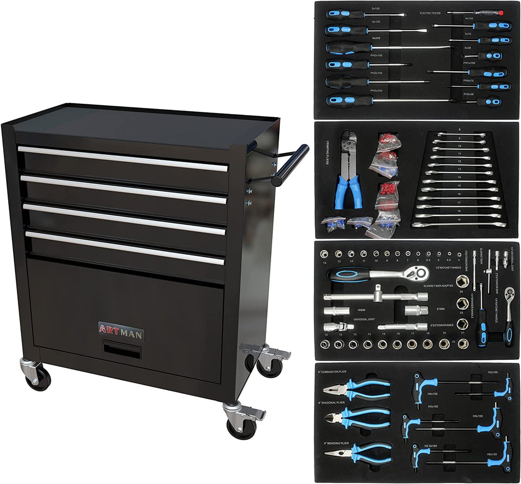 COOKCOK Tool Chest with 238 Piece Tool Set, 4-Drawer Tool Cabinet - Rolling Tool Cart On Wheels for Mechanics Heavy-Duty Metal Tool Box Storage Cabinets for Garage, Black