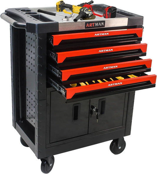 COOKCOK Tool Chest, 4-Drawer Rolling Tool Storage Cabinet, Tool Box Organizer w/Locking System & Lockable Wheels & Removable Drawers, Black