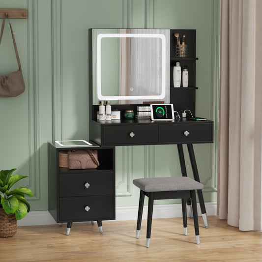 COOKCOK Vanity Desk, Vanity Mirror with Lights and Table Set with 4 Drawers, Vanity Set with Stool and Power Outlet, 3 Lighting Modes Brightness Adjustable for Bedroom Studio