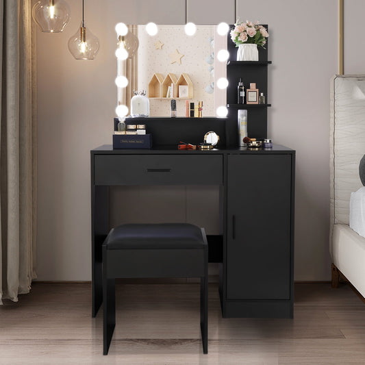 COOKCOK Vanity Set with Lighted Mirror, 10 LED Bulbs Vanity Dressing Table with 3 Storage Shelves 1 Drawer 1 Cabinet, Makeup Table with Cushioned Stool, Black