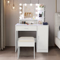 COOKCOK Vanity Set with Lighted Mirror, 10 LED Bulbs Vanity Dressing Table with 3 Storage Shelves 1 Drawer 1 Cabinet, Makeup Table with Cushioned Stool, White