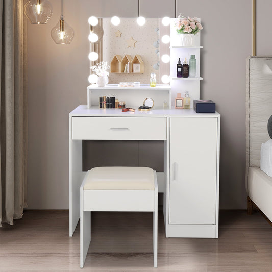 COOKCOK Vanity Set with Lighted Mirror, 10 LED Bulbs Vanity Dressing Table with 3 Storage Shelves 1 Drawer 1 Cabinet, Makeup Table with Cushioned Stool, White