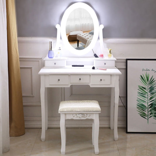 COOKCOK Vanity Set with Lighted Mirror, Vanity Dressing Table, 5 Drawer with 2 Dividers Removable Organizer, Makeup Table and Cushioned Stool Set with 10 LED Bulb, White