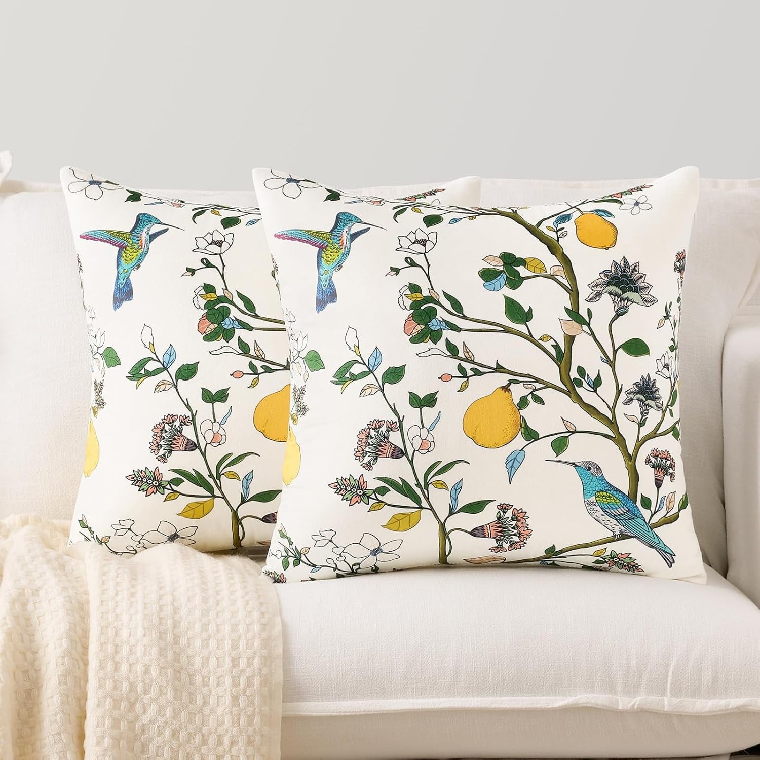 COOKCOK White Floral Pillow Covers 18x18 Set of 2, Velvet Wild Flower Plant Throw Pillows Case, Square Farmhouse Decor Cushion Covers for Home Sofa Bed Couch