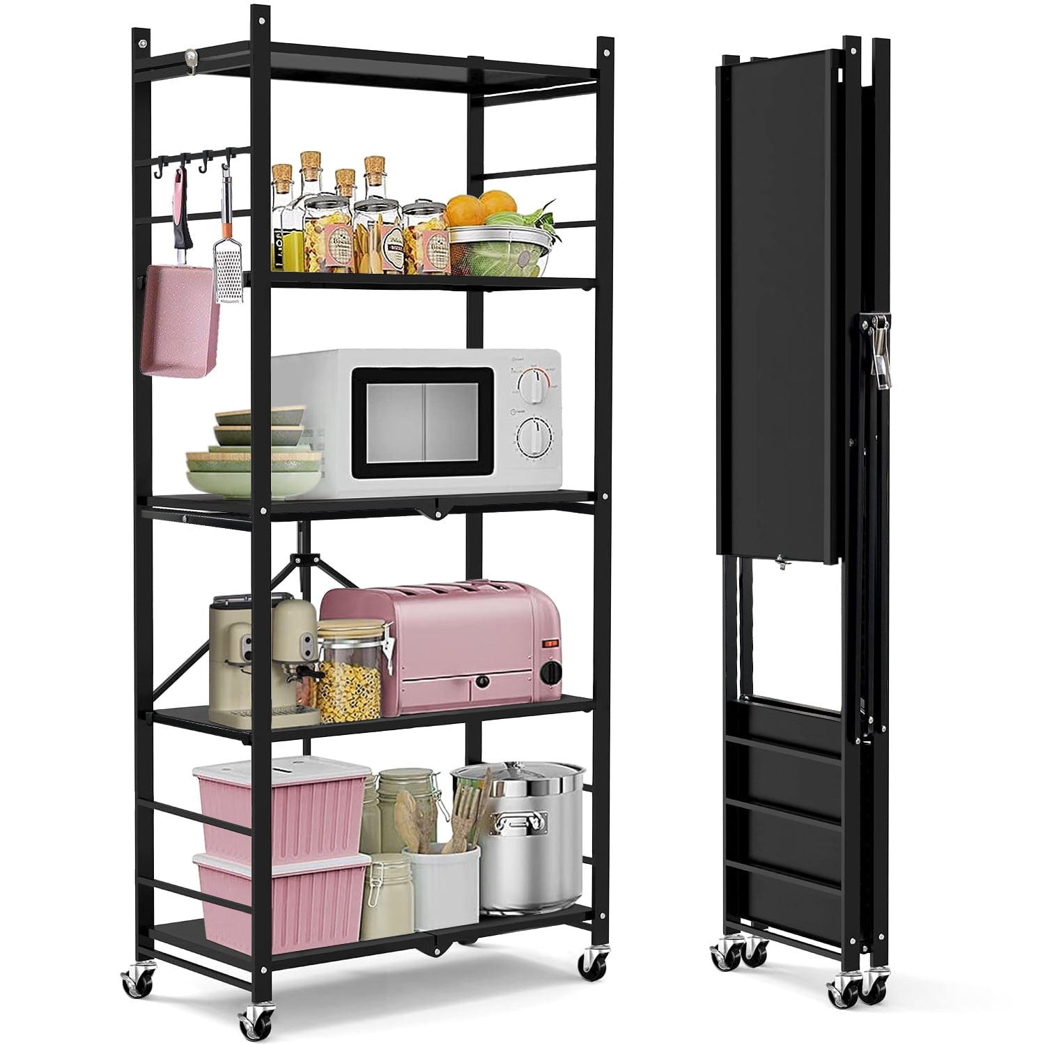 COOKCOK 5-Tier Storage Shelving Unit, Metal Shelf, Adjutable Height, Foldable Storage Shelf with Wheels, Garage Shelf, Kitchen Shelf, Side Protective, 550lbs Capacity, Black