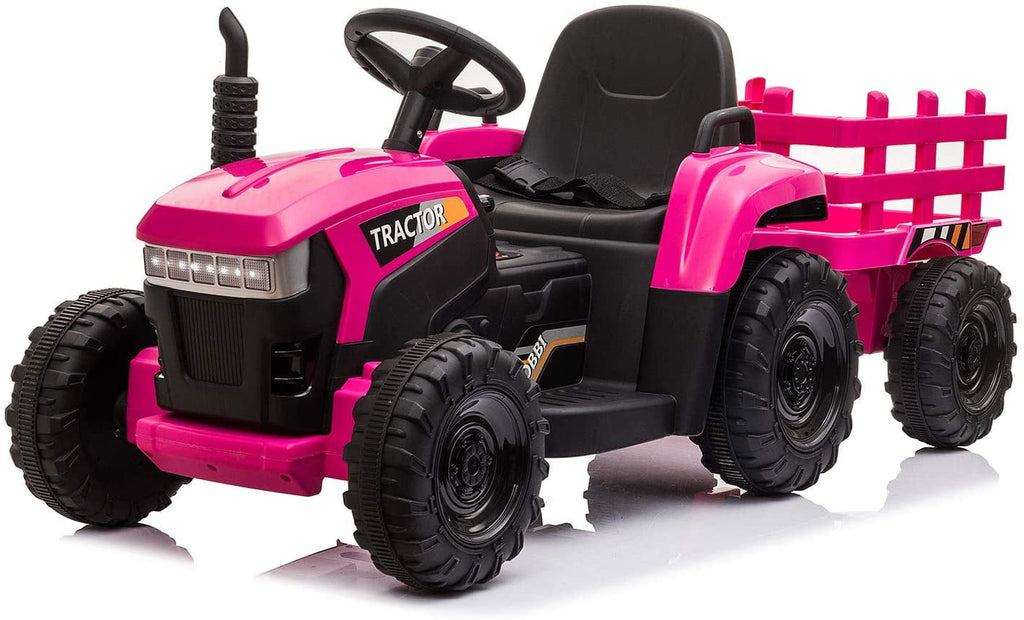 LISUEYNE 12V Ride on Tractor with Trailer,  Electric Car with Music, USB, LED Lights, Ride on Car for Kids Age 3-6 Years, Max Speed 5mph, Rose Red