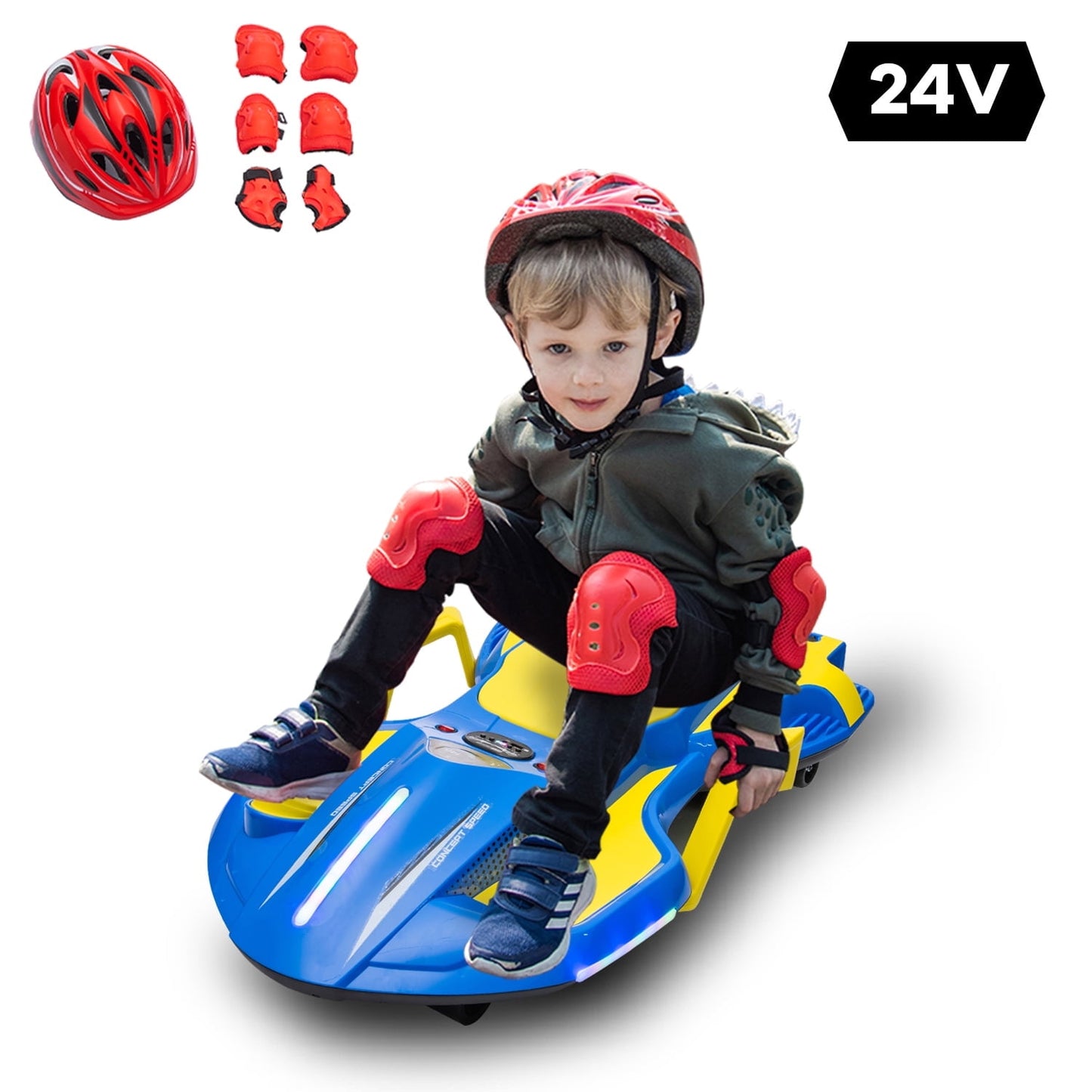LISUEYNE 24V Ride on Car with Helmet, Knee Pads, Gloves, Devilfish Pattern Ride on Electric Scooter with Spray Function, Gravity Steering, Music, Hnadrails, Max Speed 6.84 mph, Black&Yellow