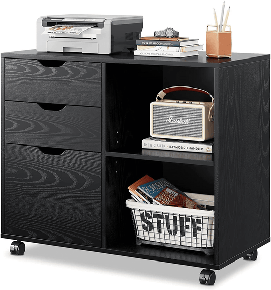 LISUEYNE 3-Drawer Wood File Cabinet, Mobile Lateral Filing Cabinet, Rolling Printer Stand with Open Storage Shelves for Home Office, Black