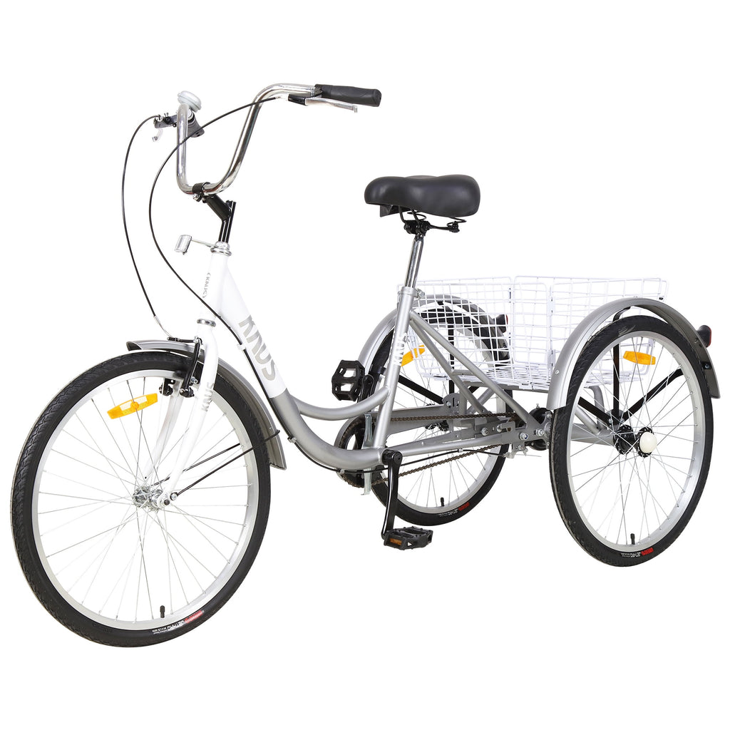 LISUEYNE Adult Folding Tricycles, 3-Wheel Cruiser Bike, 26 inch Wheels Adult Trikes with Low Step-Through, Large Basket, Foldable Tricycle for Adults, Adjustable Handlebar, Silver