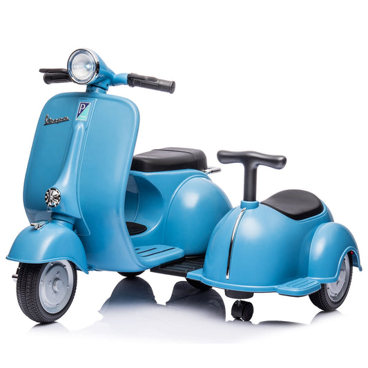 LISUEYNE Licensed Vespa Ride on Motorcycle with Side Car, 2-Seater Electric Car for Kids, Music, Storage Bin, Max Speed 3.7mph, Blue