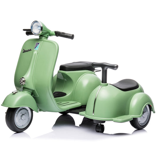LISUEYNE Licensed Vespa Ride on Motorcycle with Side Car, 2-Seater Electric Car for Kids, Music, Storage Bin, Max Speed 3.7mph, Green