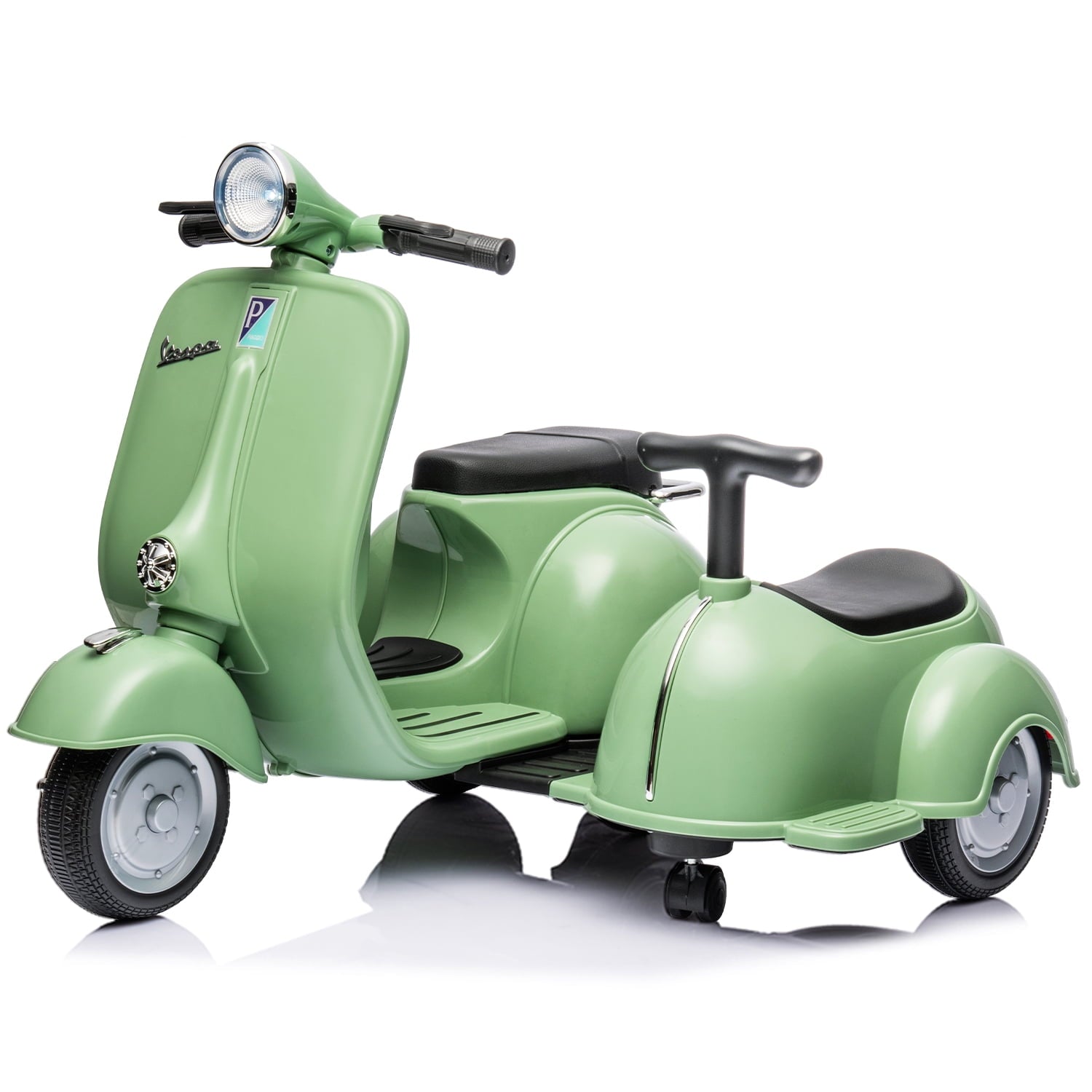 LISUEYNE Licensed Vespa Ride on Motorcycle with Side Car, 2-Seater Electric Car for Kids, Music, Storage Bin, Max Speed 3.7mph, Orange