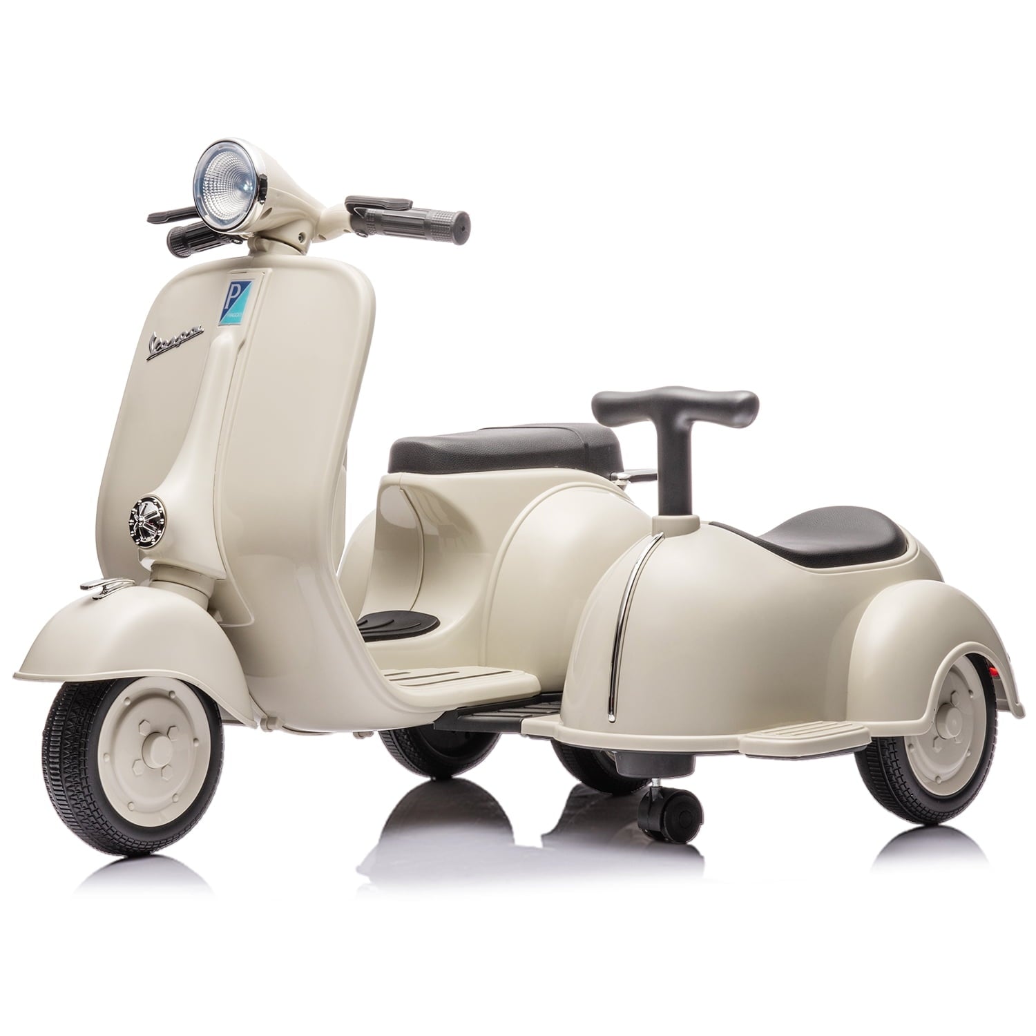 LISUEYNE Licensed Vespa Ride on Motorcycle with Side Car, 2-Seater Electric Car for Kids, Music, Storage Bin, Max Speed 3.7mph, Blue