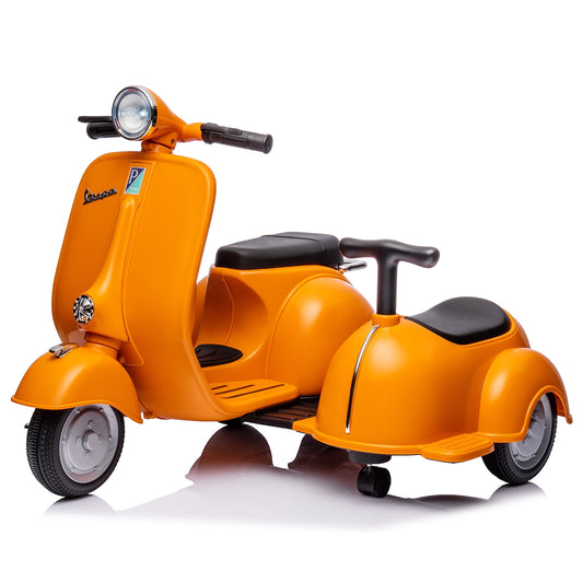 LISUEYNE Licensed Vespa Ride on Motorcycle with Side Car, 2-Seater Electric Car for Kids, Music, Storage Bin, Max Speed 3.7mph, Orange