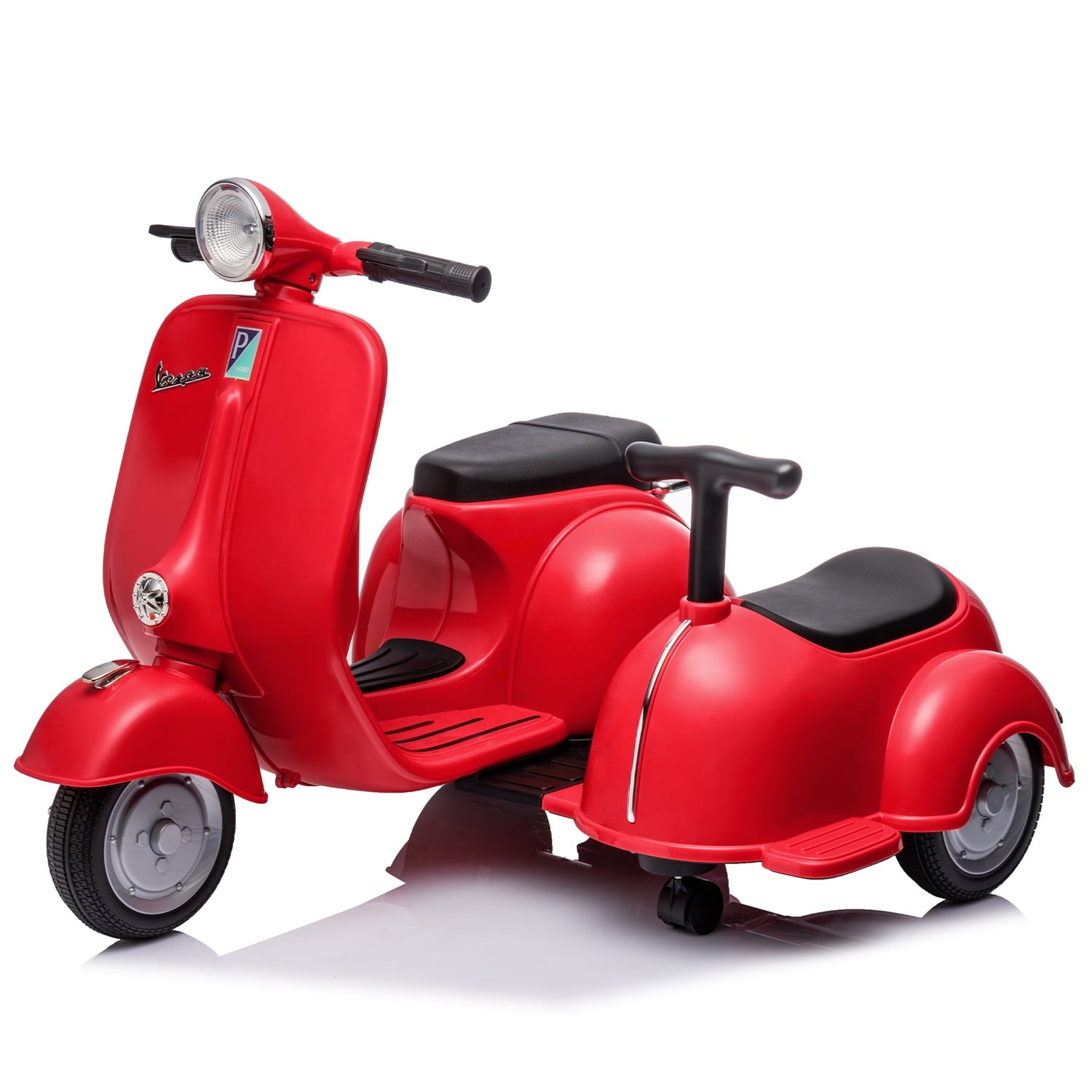 LISUEYNE Licensed Vespa Ride on Motorcycle with Side Car, 2-Seater Electric Car for Kids, Music, Storage Bin, Max Speed 3.7mph, Red