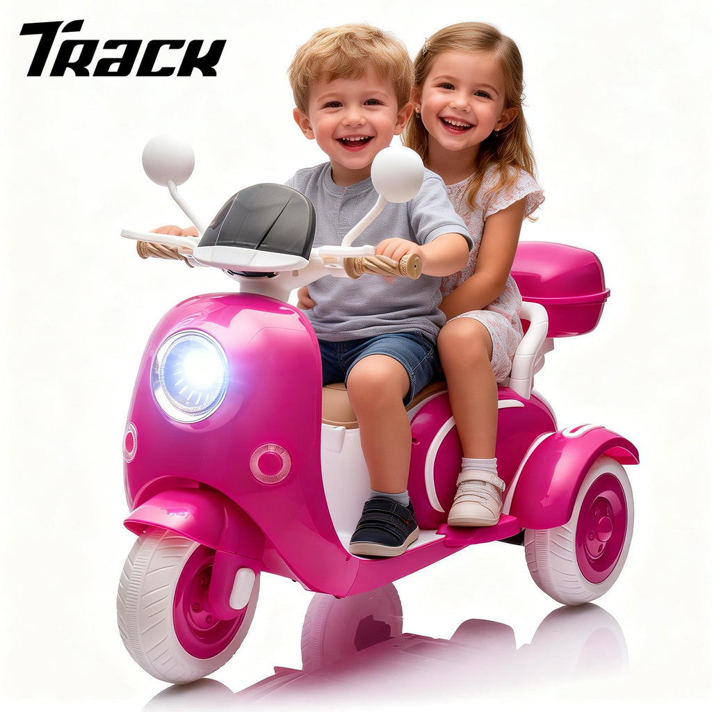 Track Seven 12V Ride on Motorcycle, 2-Seater Electric Motorcycle with Dual Motor, 3 Wheels Motorbike with Bluetooth, LED Lights, Storage Box, Front Hook, Ride on Toy Car for Boys Girls Aged 3+