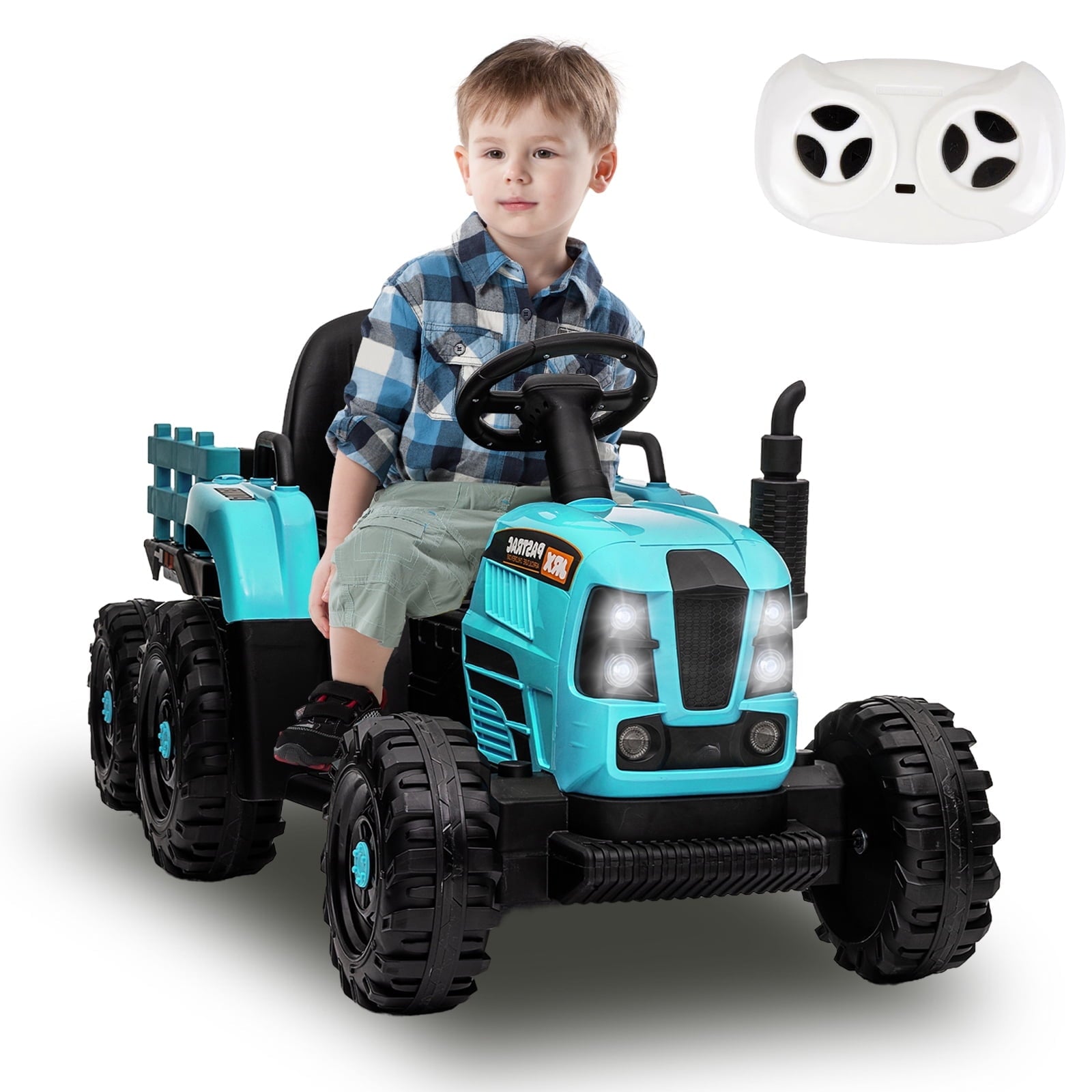 SUSIELADY 12V Kids Ride On Tractor with Trailer, with Parent Remote Control, 3 speed adjustable, with USB, MP3, Bluetooth, LED light, Two-point Safety Belt, for Kids 3+