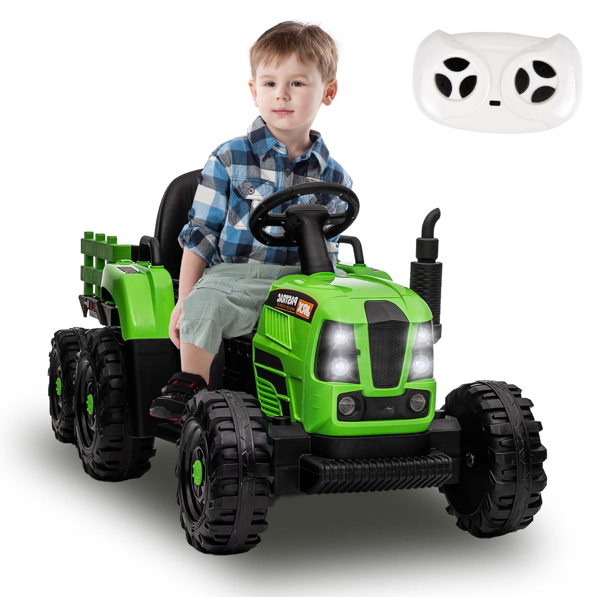 SUSIELADY 12V Kids Ride On Tractor with Trailer, with Parent Remote Control, 3 speed adjustable, with USB, MP3, Bluetooth, LED light, Two-point Safety Belt, for Kids 3+
