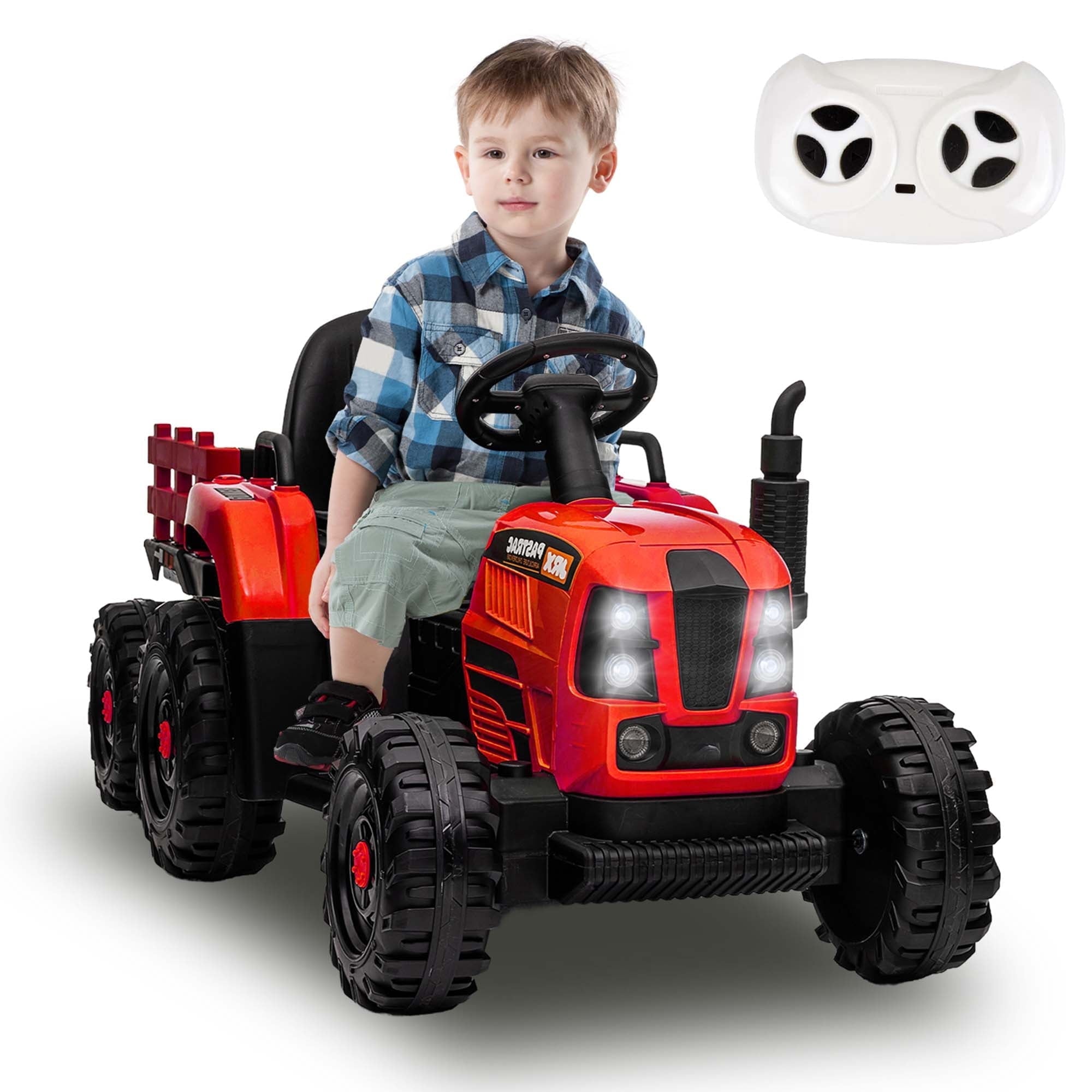 SUSIELADY 12V Kids Ride On Tractor with Trailer, with Parent Remote Control, 3 speed adjustable, with USB, MP3, Bluetooth, LED light, Two-point Safety Belt, for Kids 3+