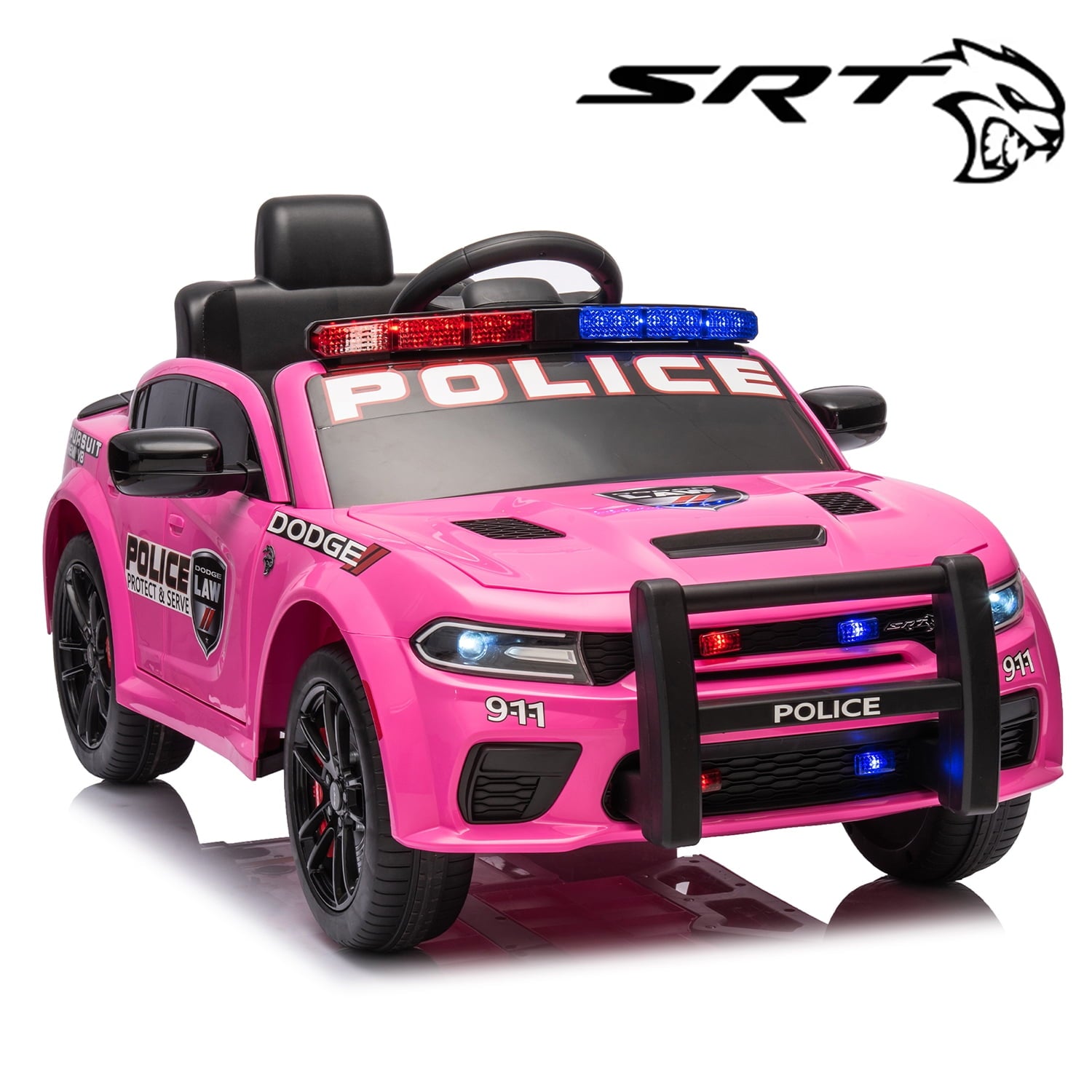 SUSIELADY 12V Kids Ride on Police Car, Licensed Dodge Charger, with Anti-Collision Bar, Front & Top Alarm Light, 4 Wheel Suspension, Remote Control, Sticker, Megaphone