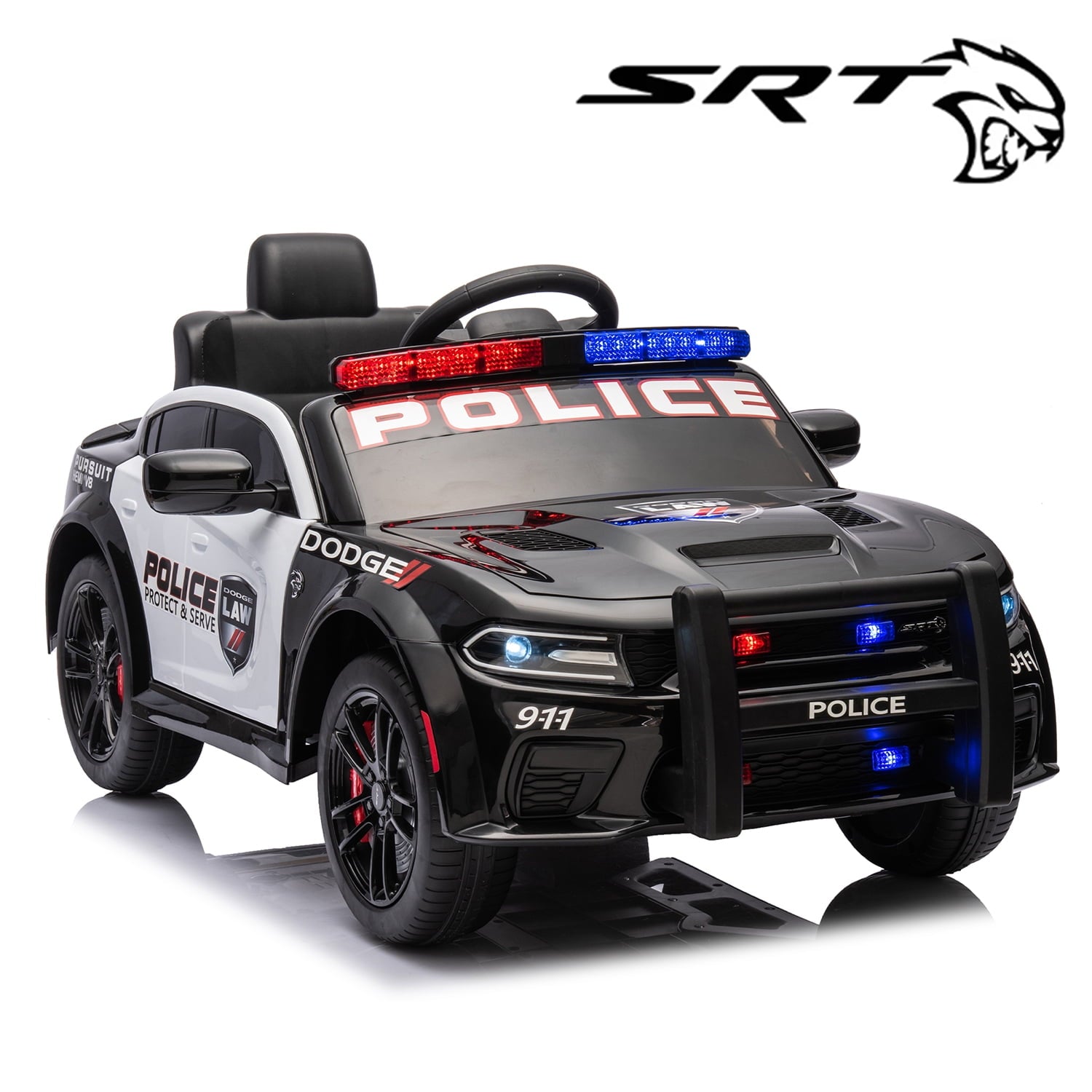 SUSIELADY 12V Kids Ride on Police Car, Licensed Dodge Charger, with Anti-Collision Bar, Front & Top Alarm Light, 4 Wheel Suspension, Remote Control, Sticker, Megaphone