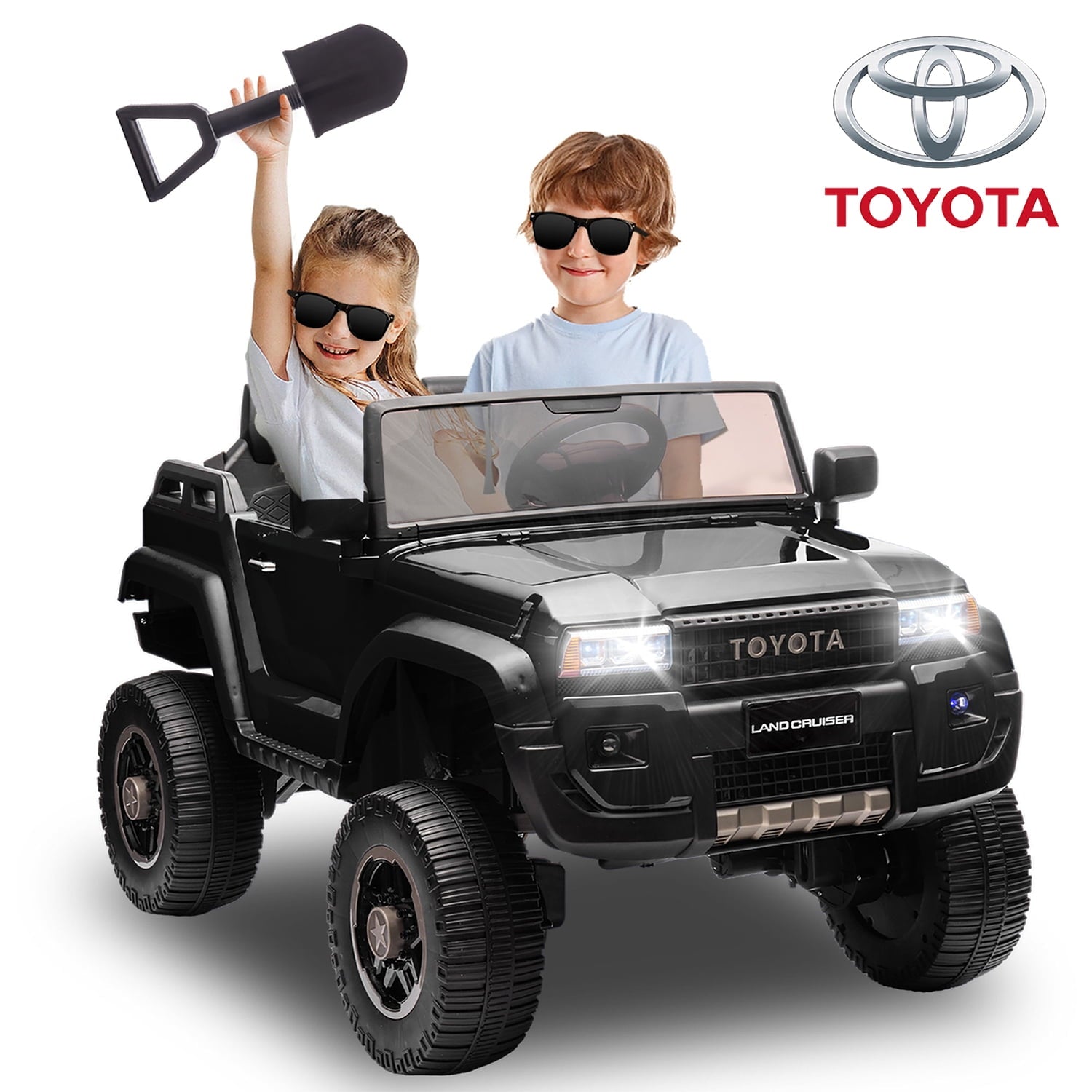 SUSIELADY 24V Kids Ride on Pickup, 2-seater Licensed Toyota LC250, with Shovel, Three-point Belt, Slow Start, Speed Adjustment, Bluetooth, Music, for Kids Aged 3+