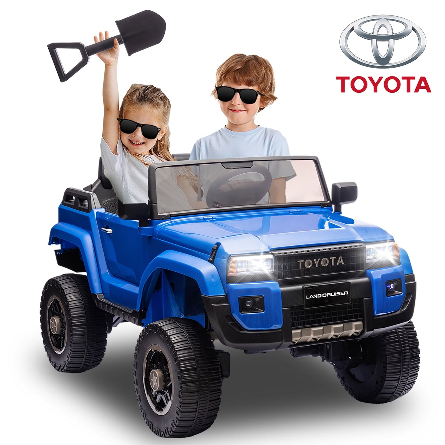 SUSIELADY 24V Kids Ride on Pickup, 2-seater Licensed Toyota LC250, with Shovel, Three-point Belt, Slow Start, Speed Adjustment, Bluetooth, Music, for Kids Aged 3+