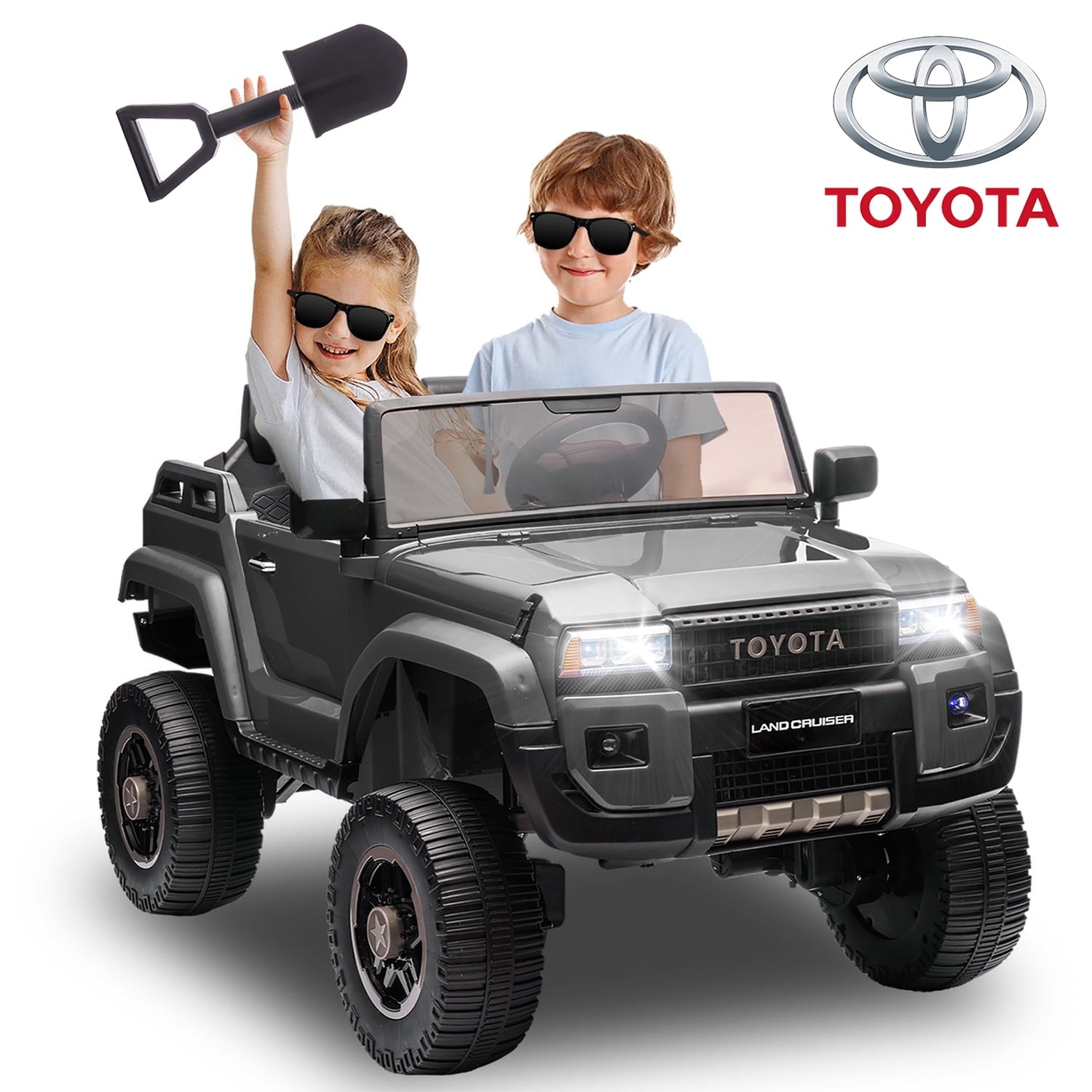 SUSIELADY 24V Kids Ride on Pickup, 2-seater Licensed Toyota LC250, with Shovel, Three-point Belt, Slow Start, Speed Adjustment, Bluetooth, Music, for Kids Aged 3+