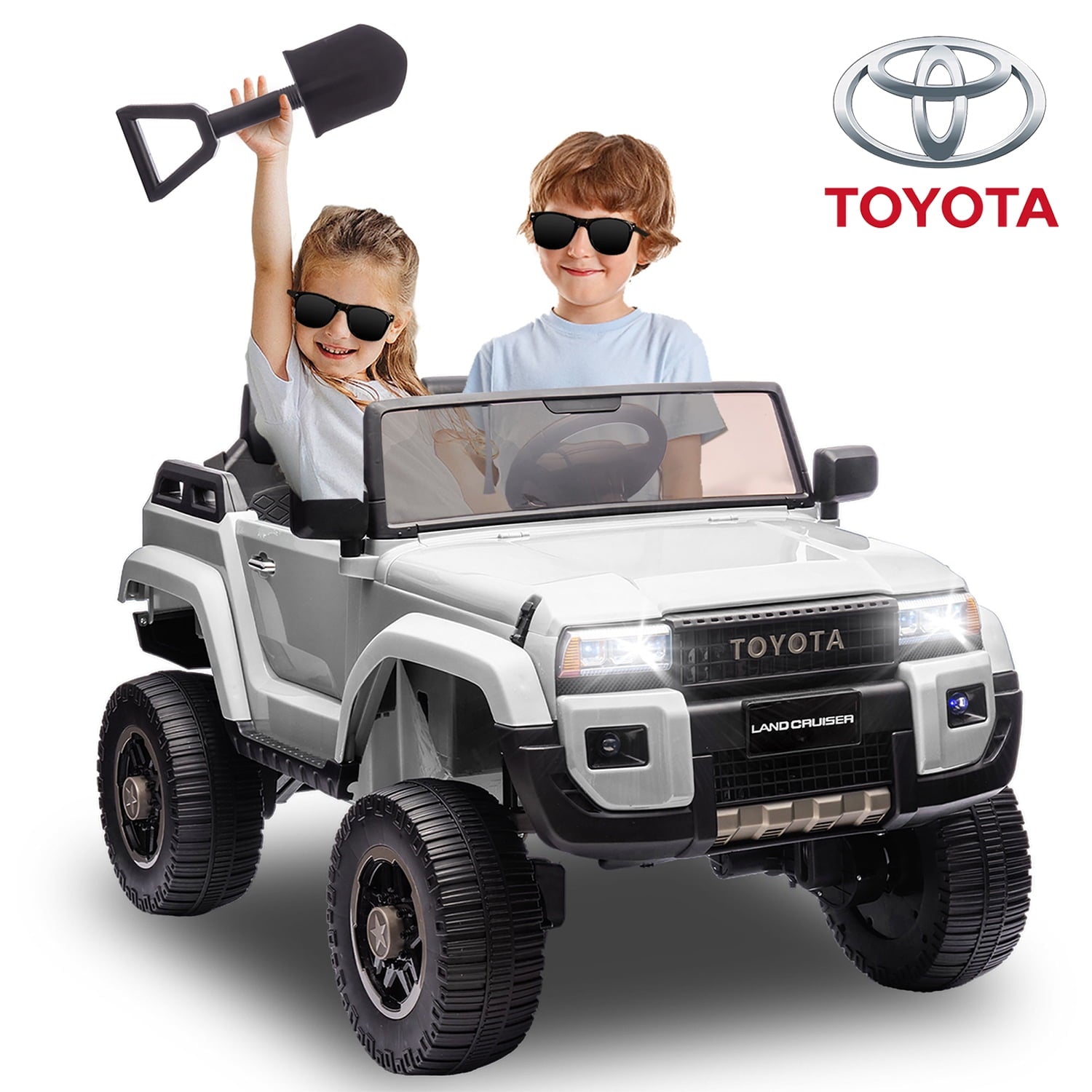 SUSIELADY 24V Kids Ride on Pickup, 2-seater Licensed Toyota LC250, with Shovel, Three-point Belt, Slow Start, Speed Adjustment, Bluetooth, Music, for Kids Aged 3+