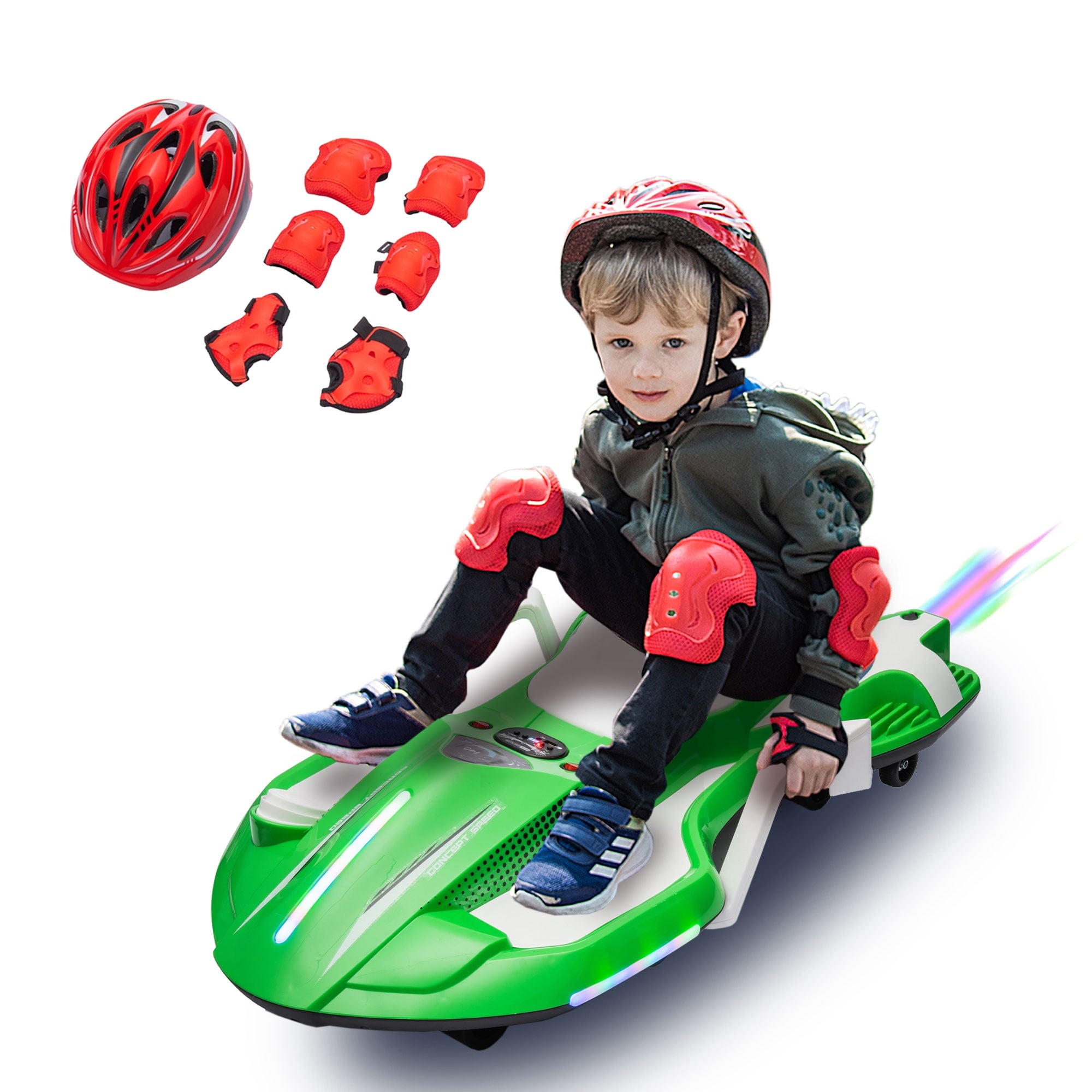 SUSIELADY 24V Ride on Electric Scooter with Helmet, Knee Pads, Glove, 200W Motor, 5.59 - 6.84 mph, Use for 1-2 hours, with Spray Function, Gravity Steering, Music for Child 6+