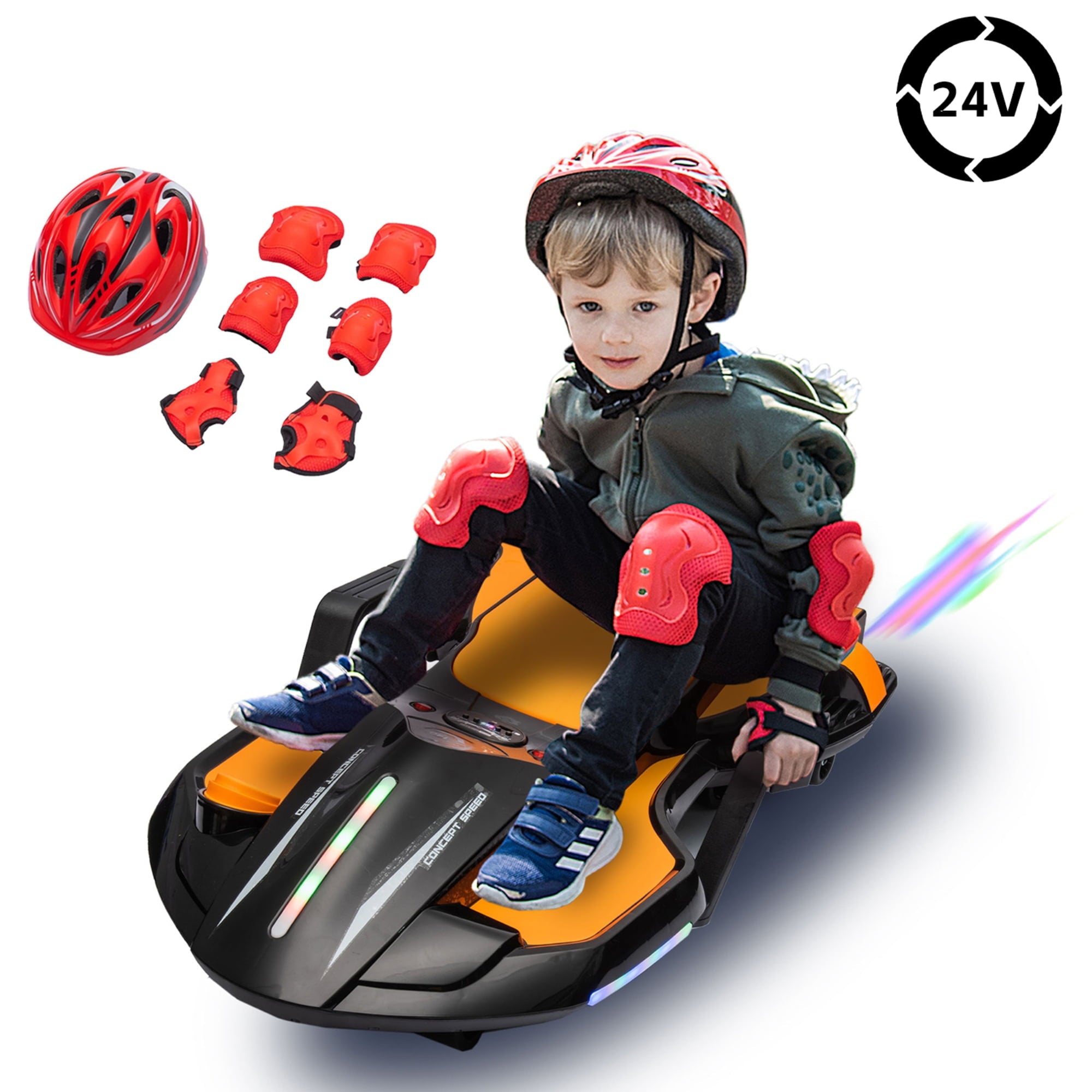 SUSIELADY 24V Ride on Electric Scooter with Helmet, Knee Pads, Glove, 200W Motor, 5.59 - 6.84 mph, Use for 1-2 hours, with Spray Function, Gravity Steering, Music for Child 6+