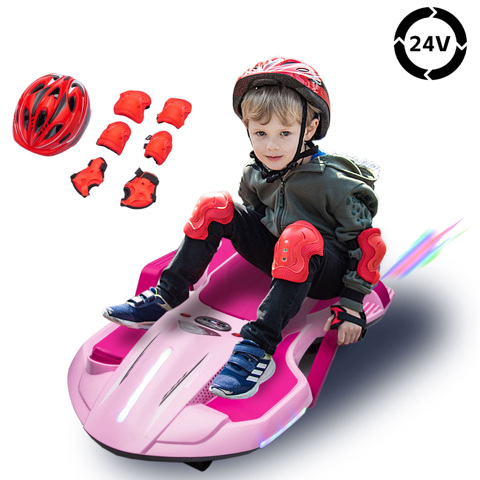 SUSIELADY 24V Ride on Electric Scooter with Helmet, Knee Pads, Glove, 200W Motor, 5.59 - 6.84 mph, Use for 1-2 hours, with Spray Function, Gravity Steering, Music for Child 6+
