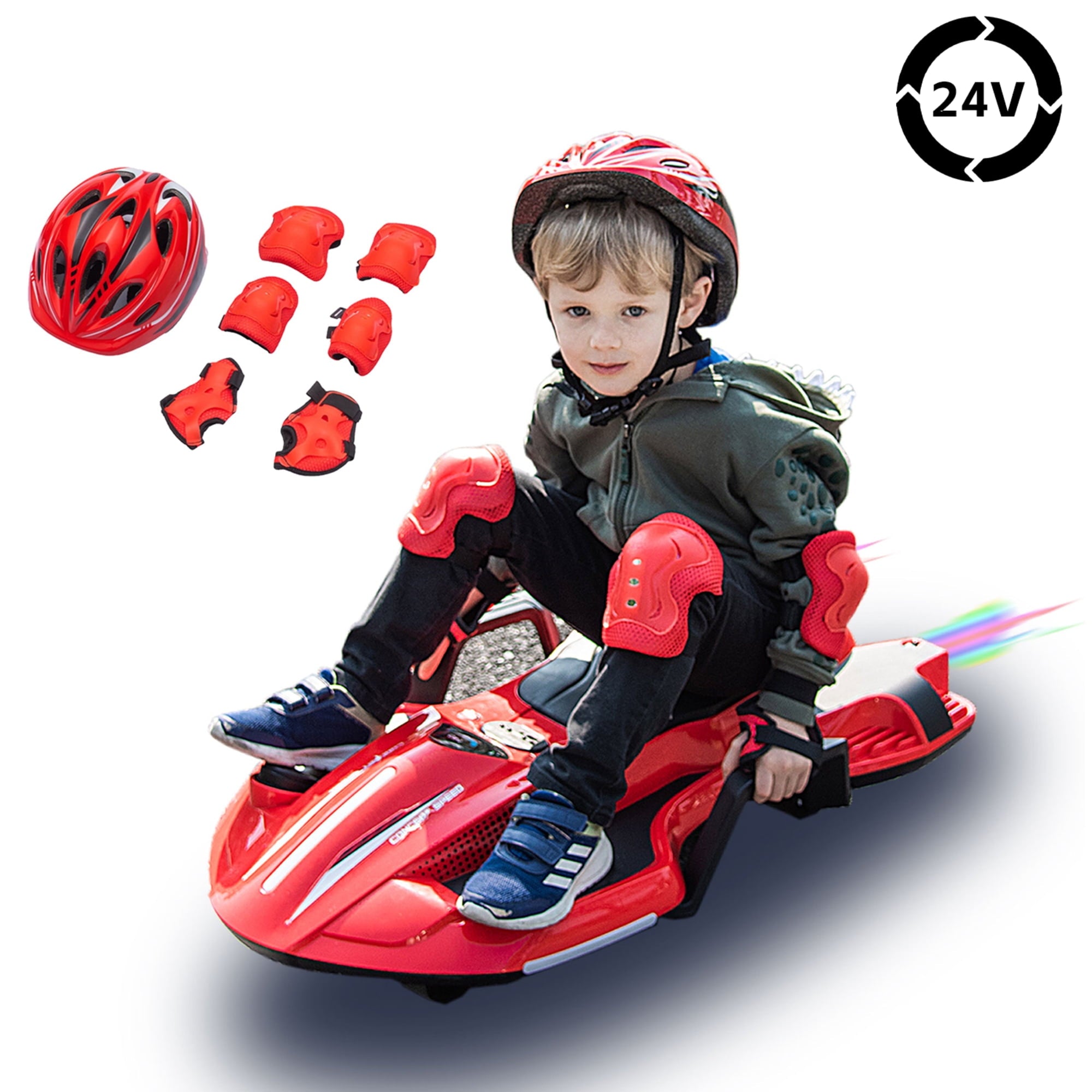 SUSIELADY 24V Ride on Electric Scooter with Helmet, Knee Pads, Glove, 200W Motor, 5.59 - 6.84 mph, Use for 1-2 hours, with Spray Function, Gravity Steering, Music for Child 6+