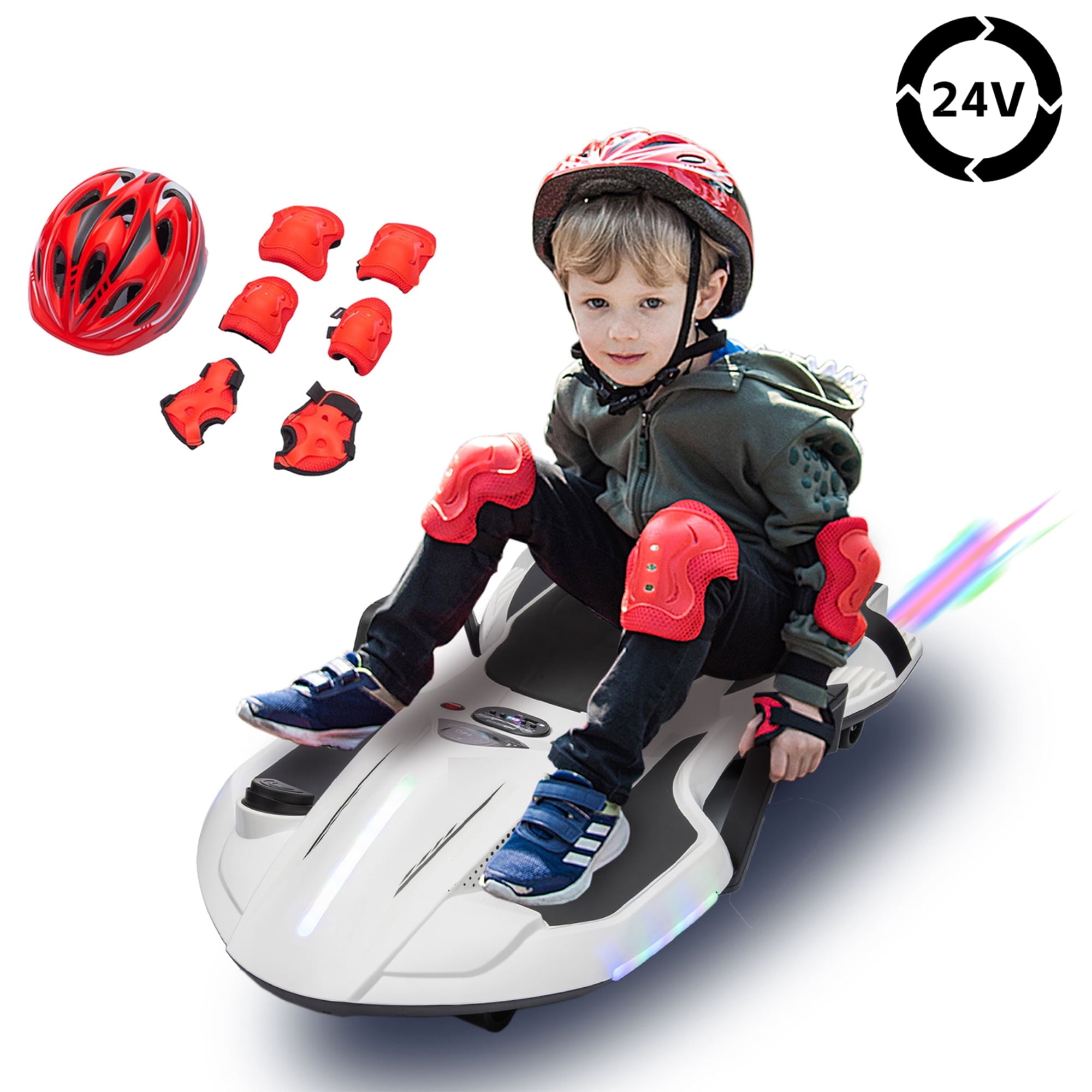 SUSIELADY 24V Ride on Electric Scooter with Helmet, Knee Pads, Glove, 200W Motor, 5.59 - 6.84 mph, Use for 1-2 hours, with Spray Function, Gravity Steering, Music for Child 6+