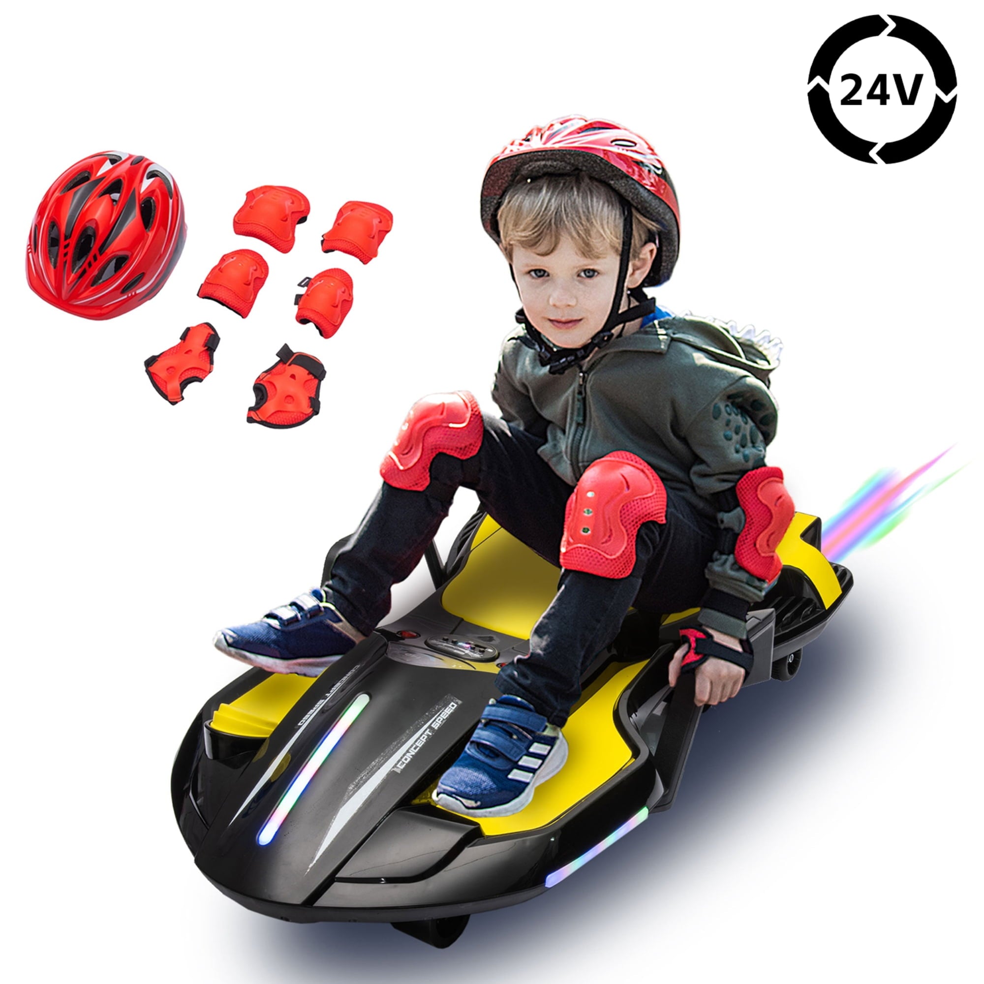 SUSIELADY 24V Ride on Electric Scooter with Helmet, Knee Pads, Glove, 200W Motor, 5.59 - 6.84 mph, Use for 1-2 hours, with Spray Function, Gravity Steering, Music for Child 6+
