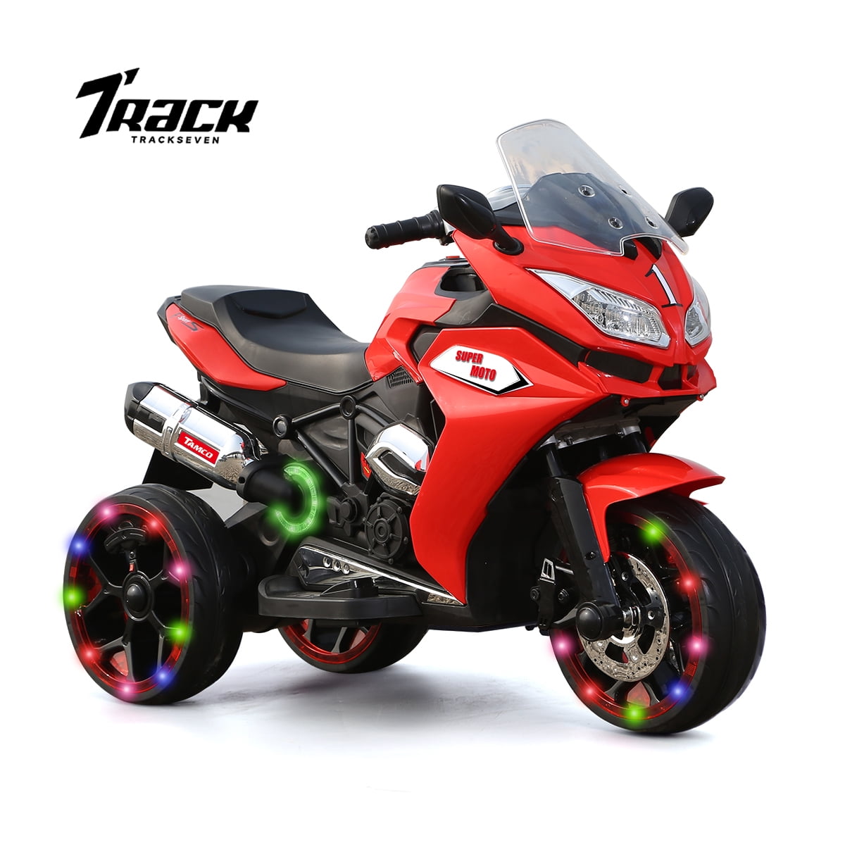 Track 7 12 V Kids Ride on Motorcycle, 3 Wheels Electric Trike Motorcycle for Boys and Girls, Light Wheels, Music, Headlights, Blue