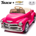 Track 7 12 V Ride on Car, Licensed Chevrolet 3100 Pickup Electric Car for Boys Girls, LED Lights, Bluetooth, USB, Storage Space, Remote Control, Ride on Toy Vehicle, Pink