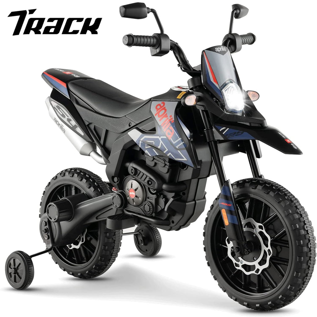Track 7 12 V Ride on Motorcycle, Licensed Aprilia RX125 Kids Electric Motorcycle with Training Wheels, Spring Suspension, LED Lights, Music, Black