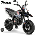 Track 7 12 V Ride on Motorcycle, Licensed Aprilia RX125 Kids Electric Motorcycle with Training Wheels, Spring Suspension, LED Lights, Music, Black